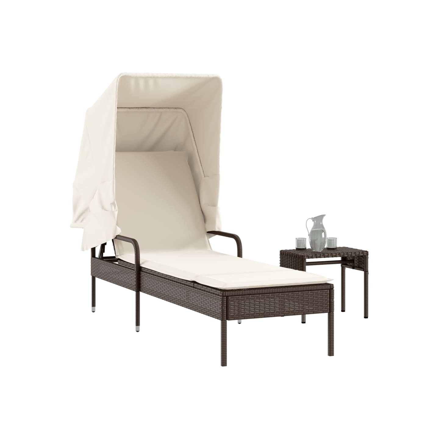Chaise longue avec auvent et table marron résine tressée