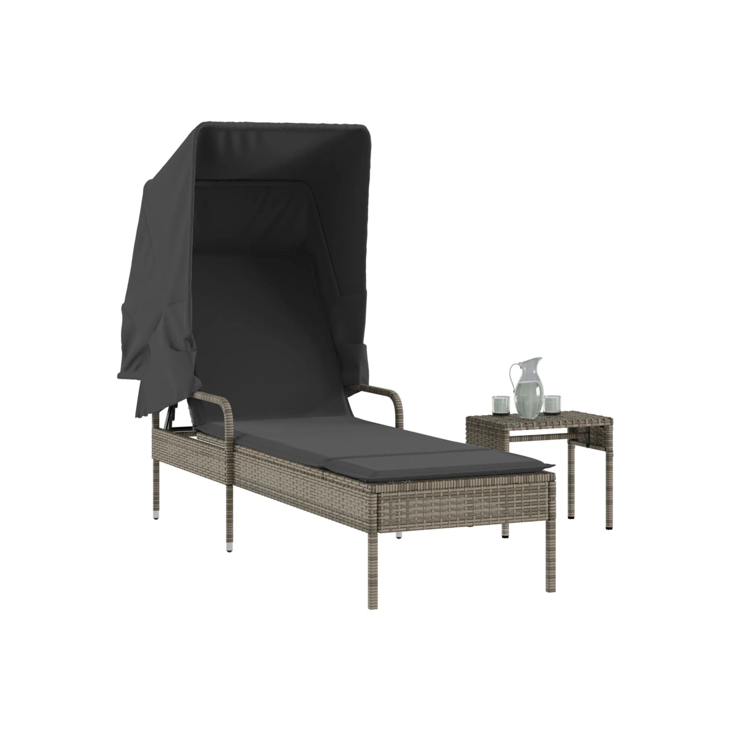 Chaise longue avec auvent et table gris résine tressée