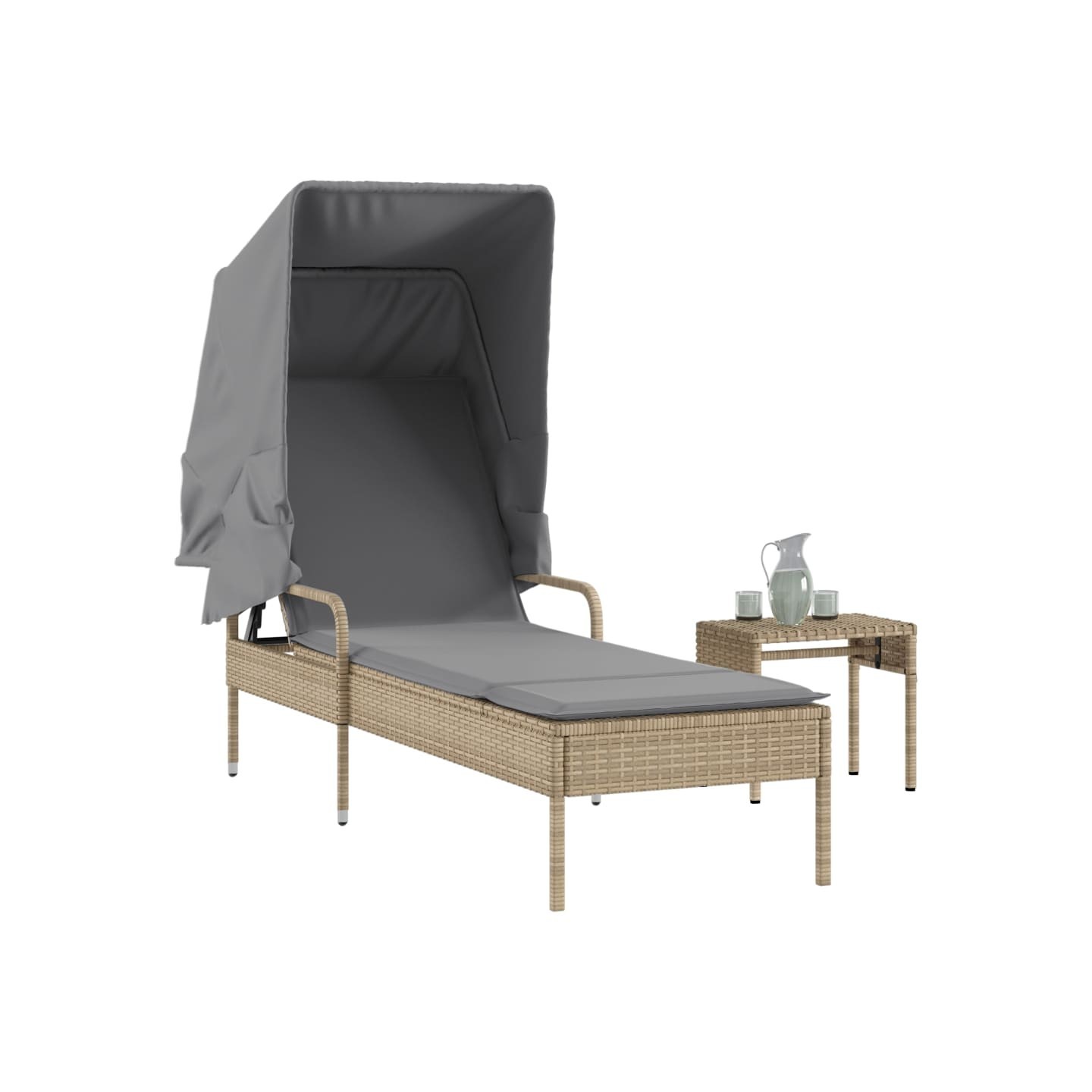 Chaise longue avec auvent et table beige résine tressée