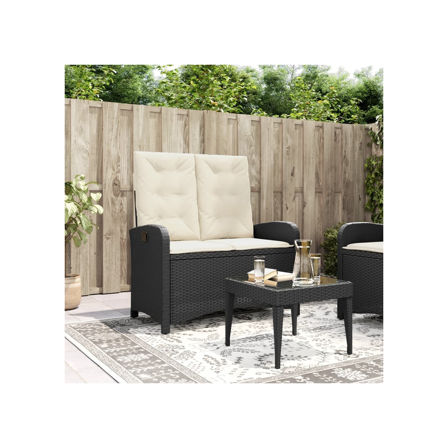 Banc inclinable de jardin avec coussins noir résine tressée