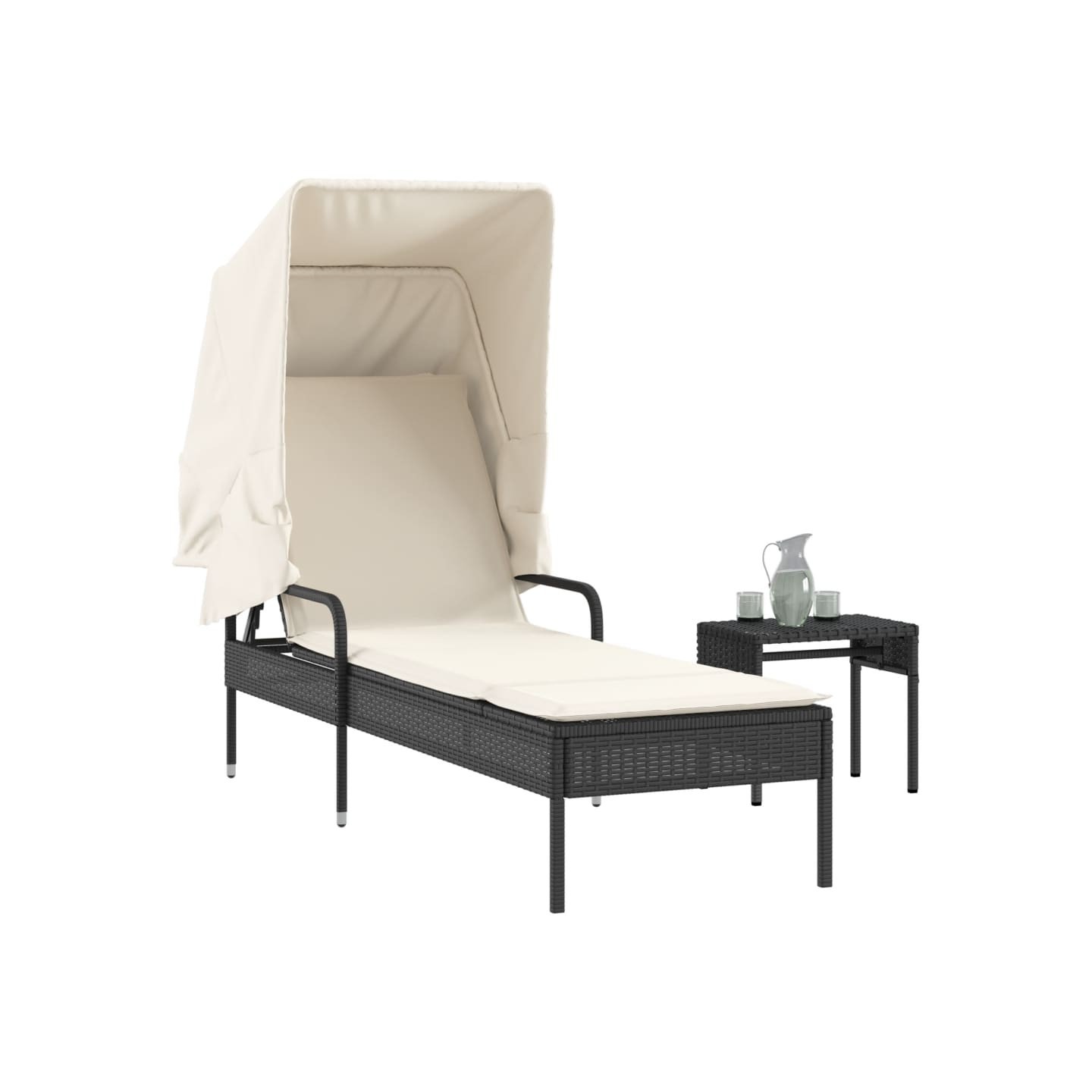 Chaise longue avec auvent et table noir résine tressée