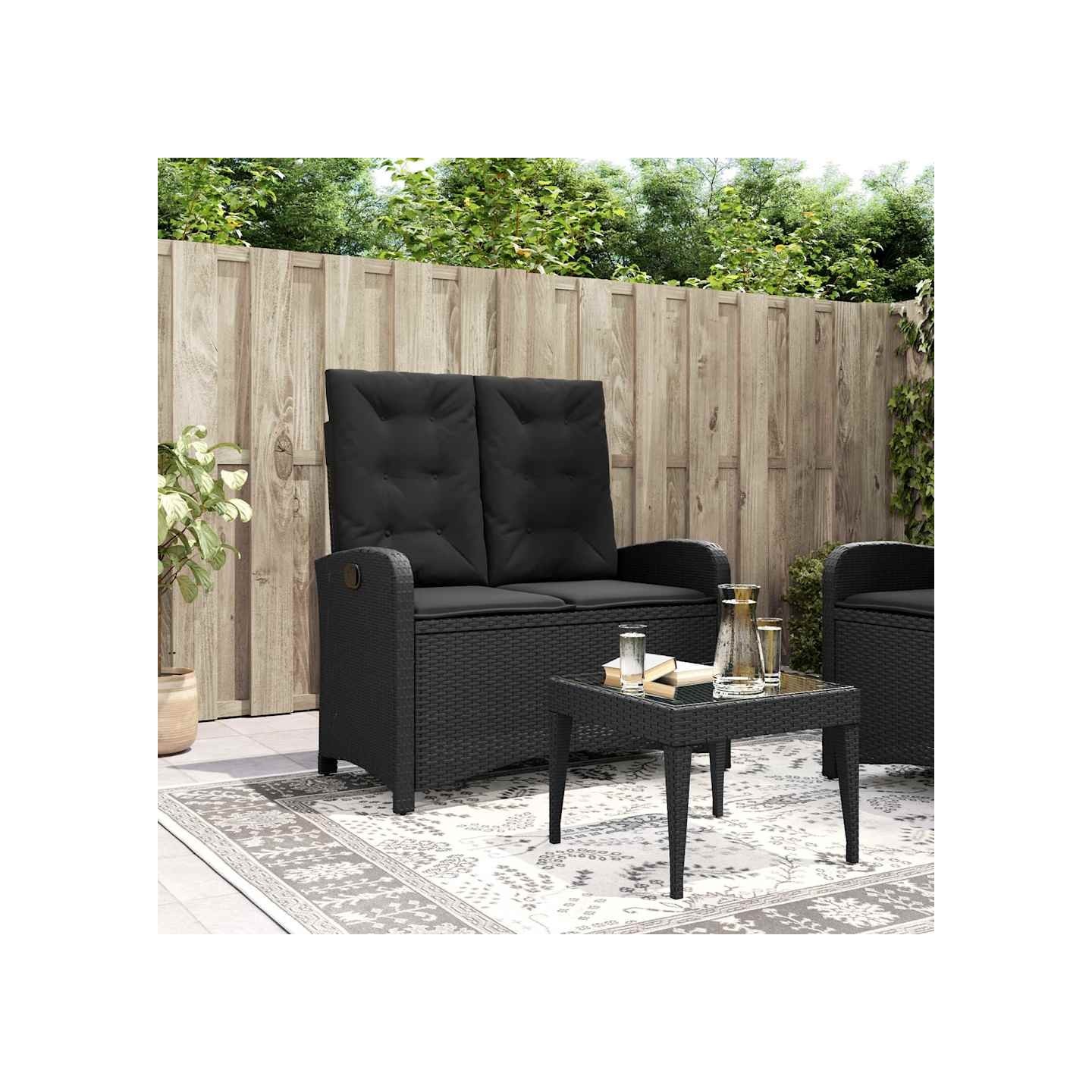 Banc inclinable de jardin avec coussins noir résine tressée