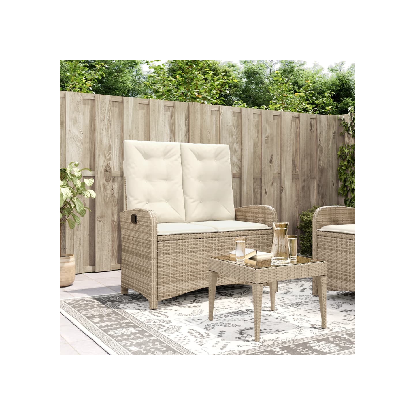 Banc inclinable de jardin avec coussins beige résine tressée