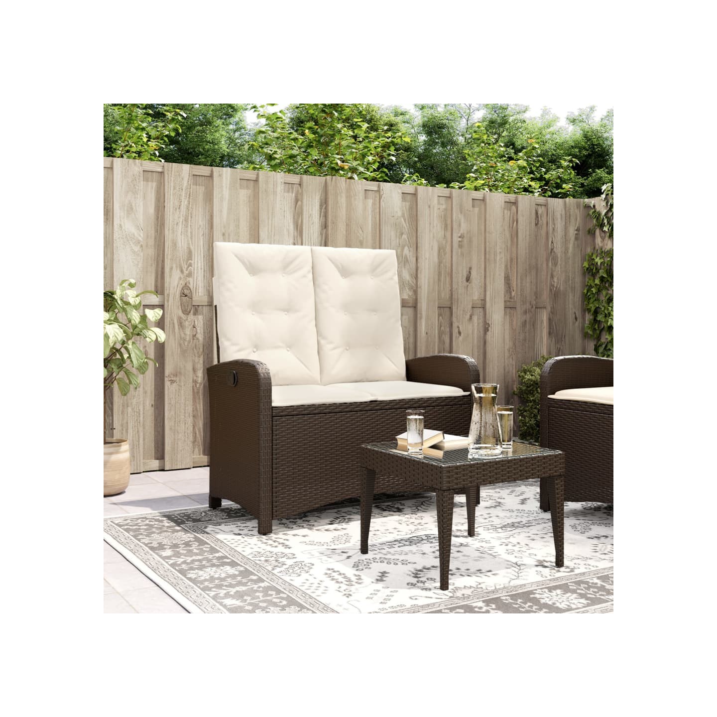 Banc inclinable de jardin avec coussins marron résine tressée