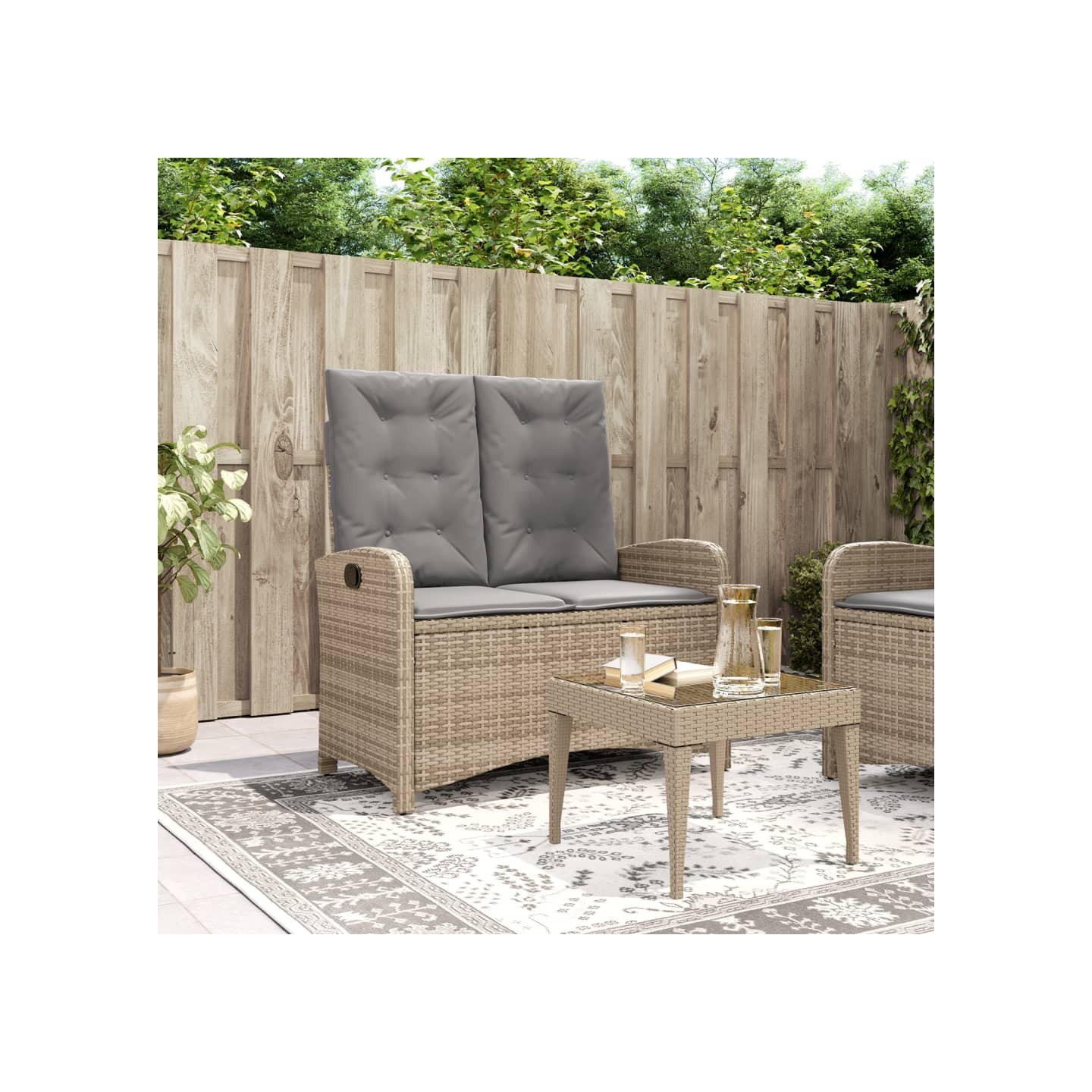 Banc inclinable de jardin avec coussins beige résine tressée
