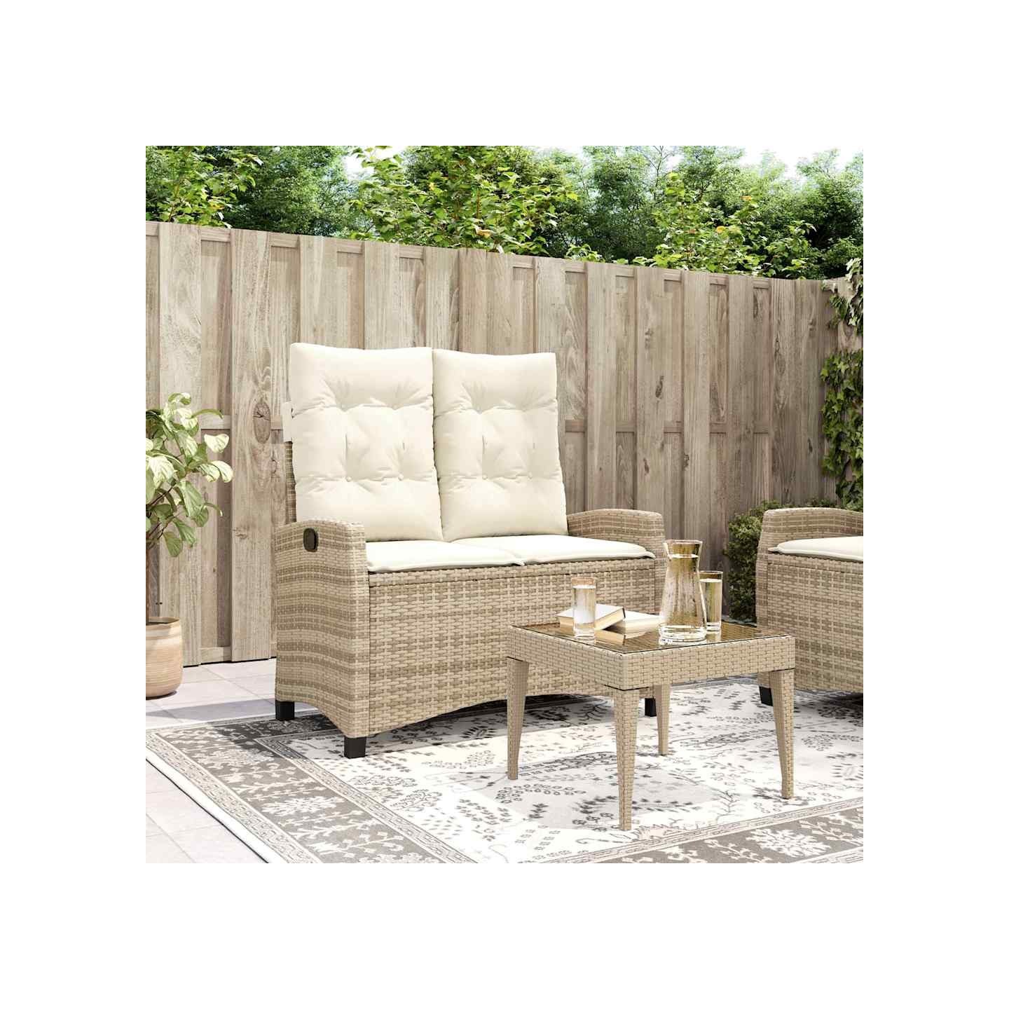 Banc inclinable de jardin avec coussins beige résine tressée