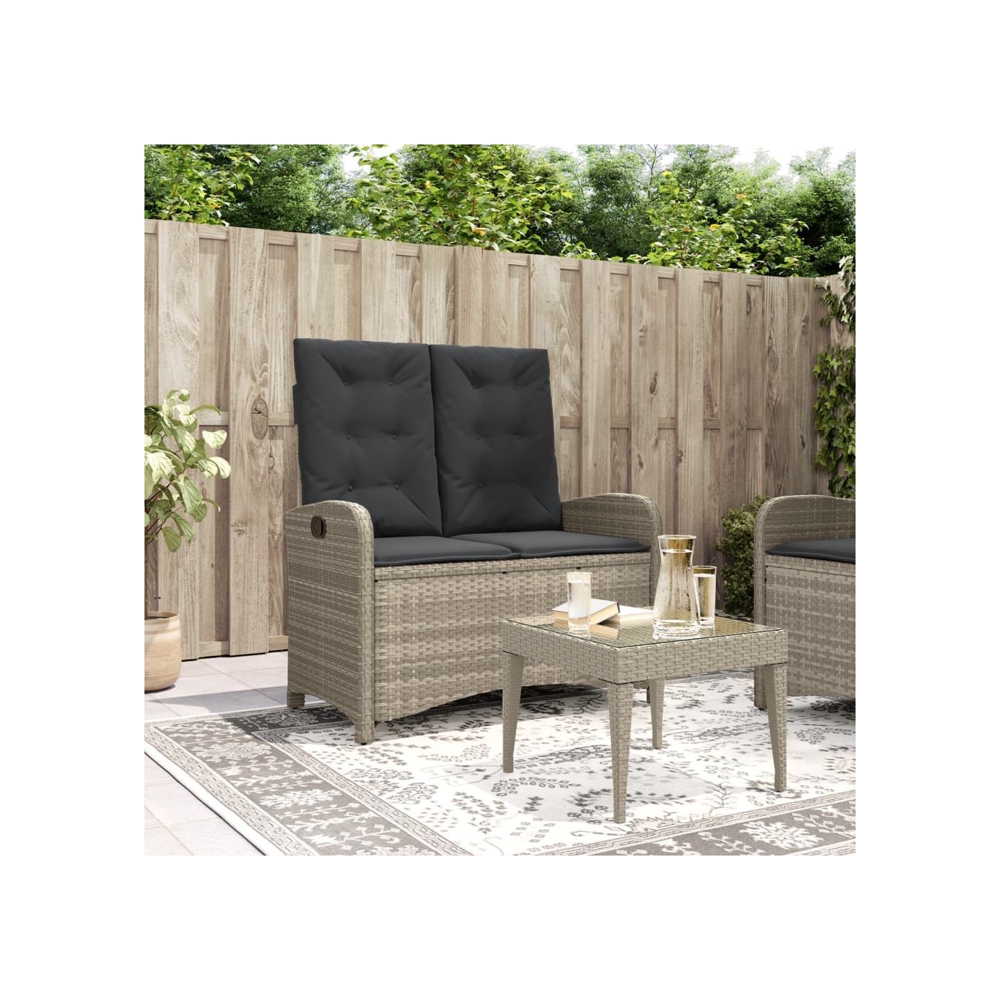 Banc inclinable de jardin et coussins gris clair résine tressée