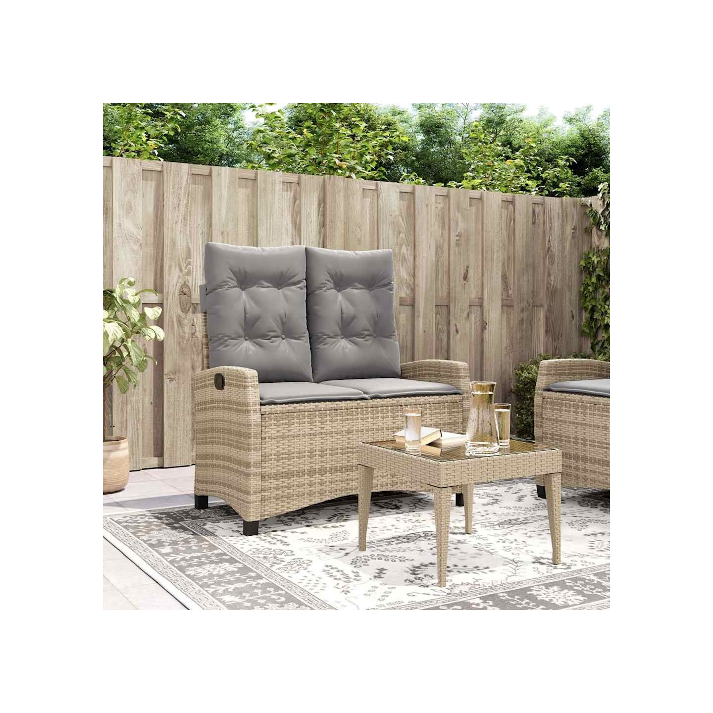 Banc inclinable de jardin avec coussins beige résine tressée