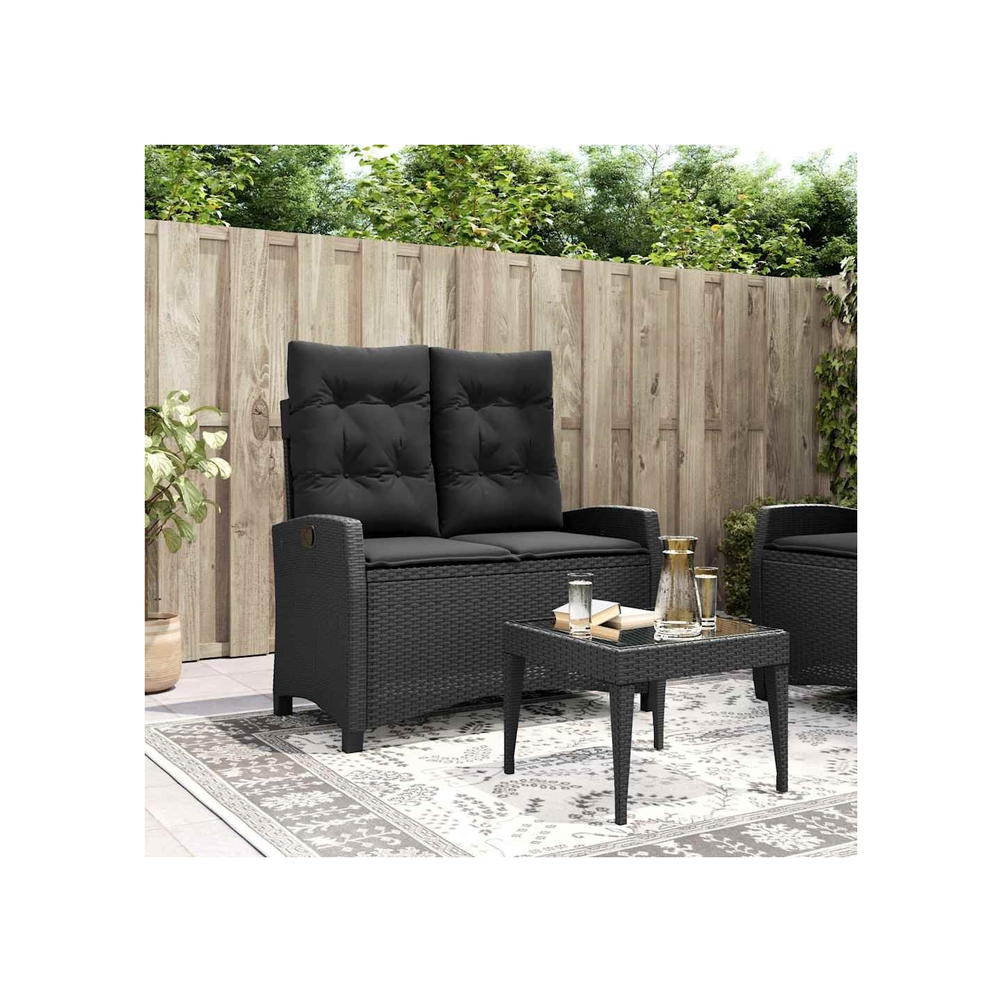 Banc inclinable de jardin avec coussins noir résine tressée