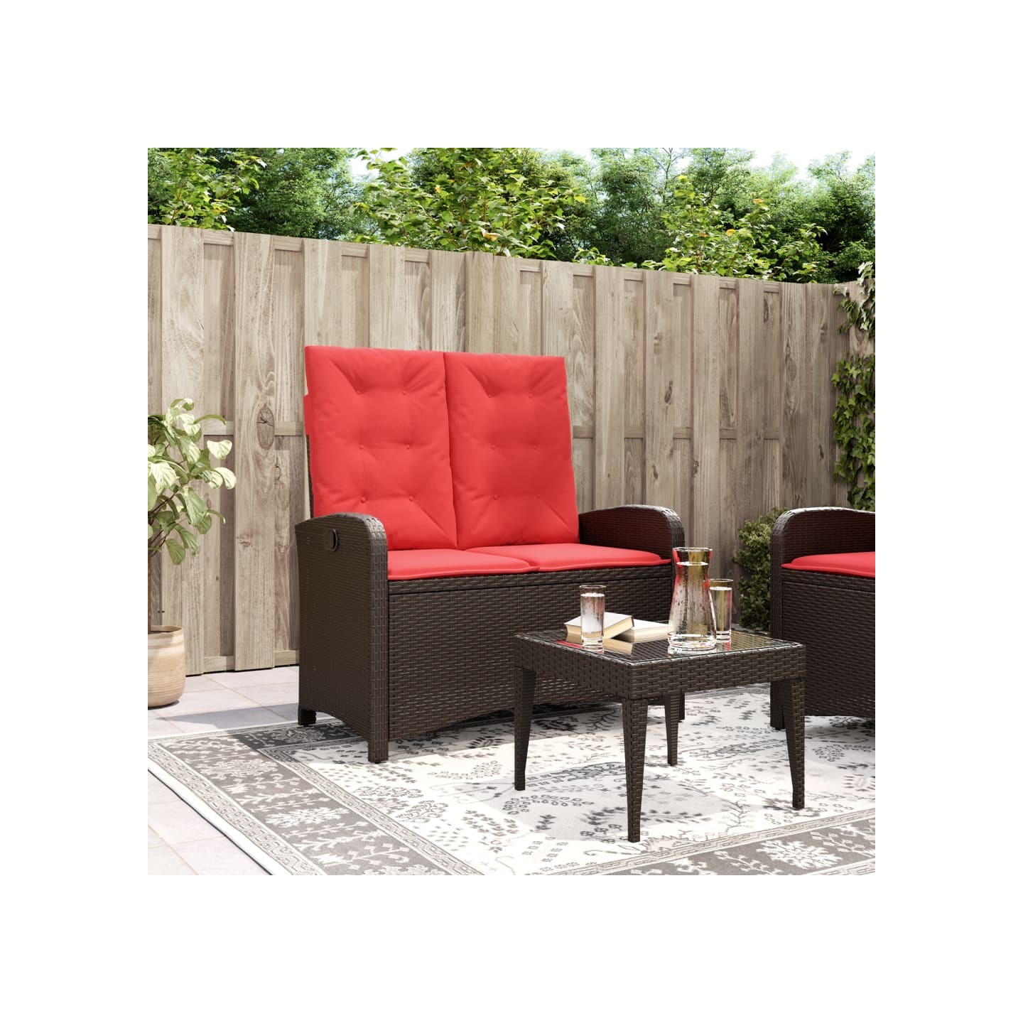 Banc inclinable de jardin avec coussins marron résine tressée