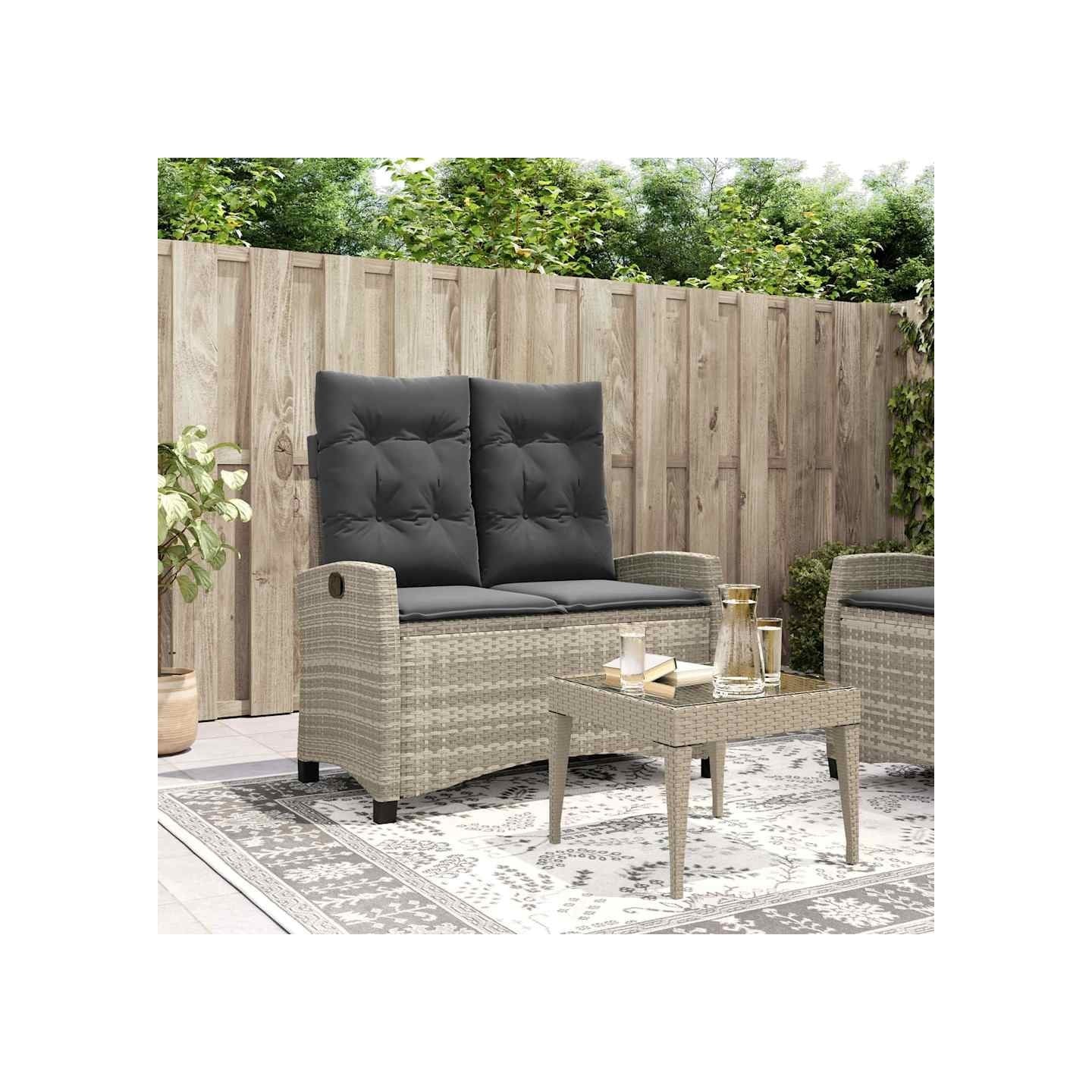 Banc inclinable de jardin et coussins gris clair résine tressée