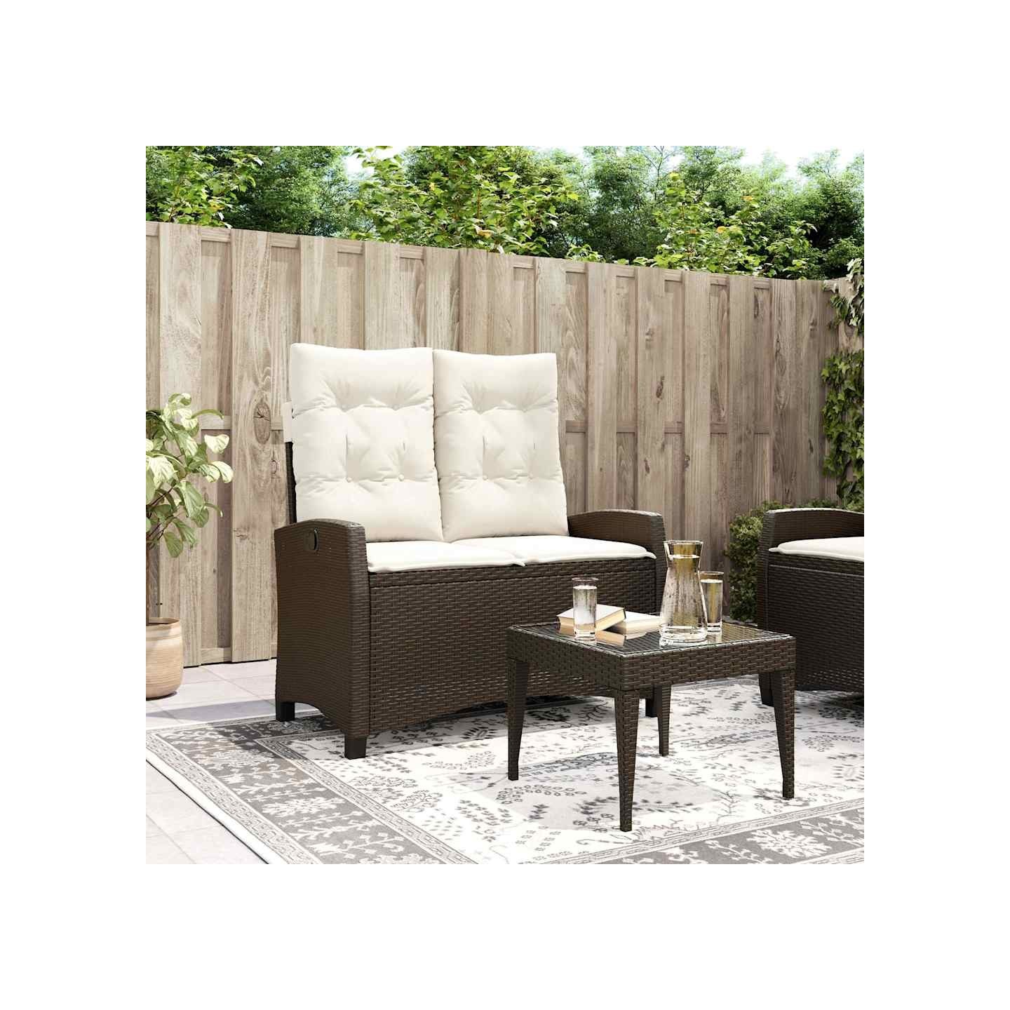 Banc inclinable de jardin avec coussins marron résine tressée