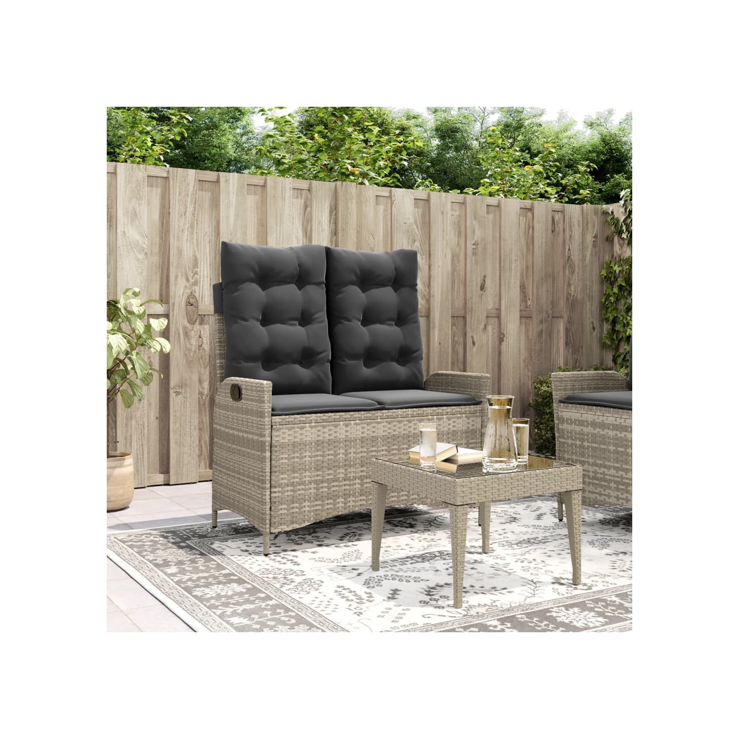 Banc inclinable de jardin et coussins gris clair résine tressée