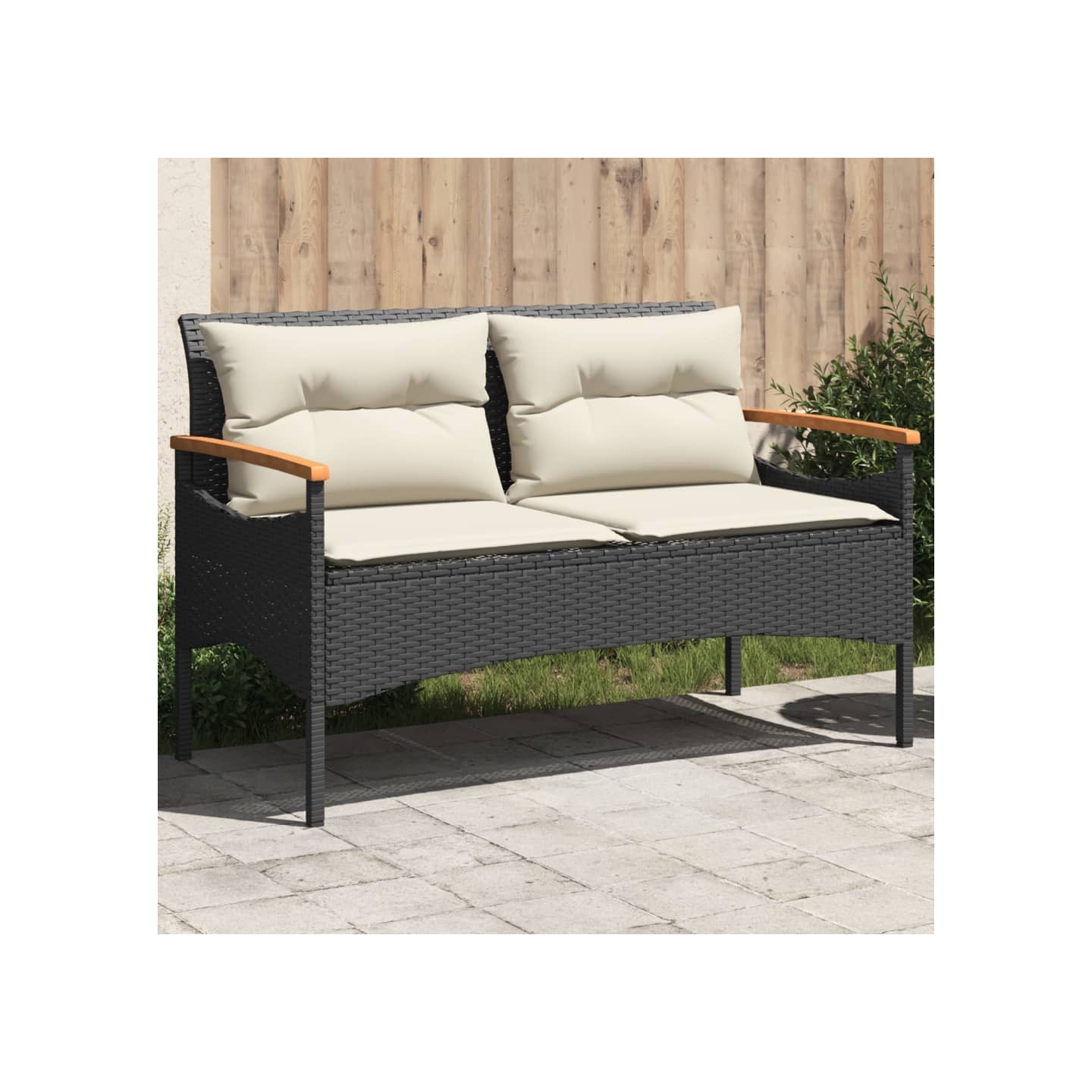 Banc de jardin avec coussins 116x62,5x74 cm noir résine tressée