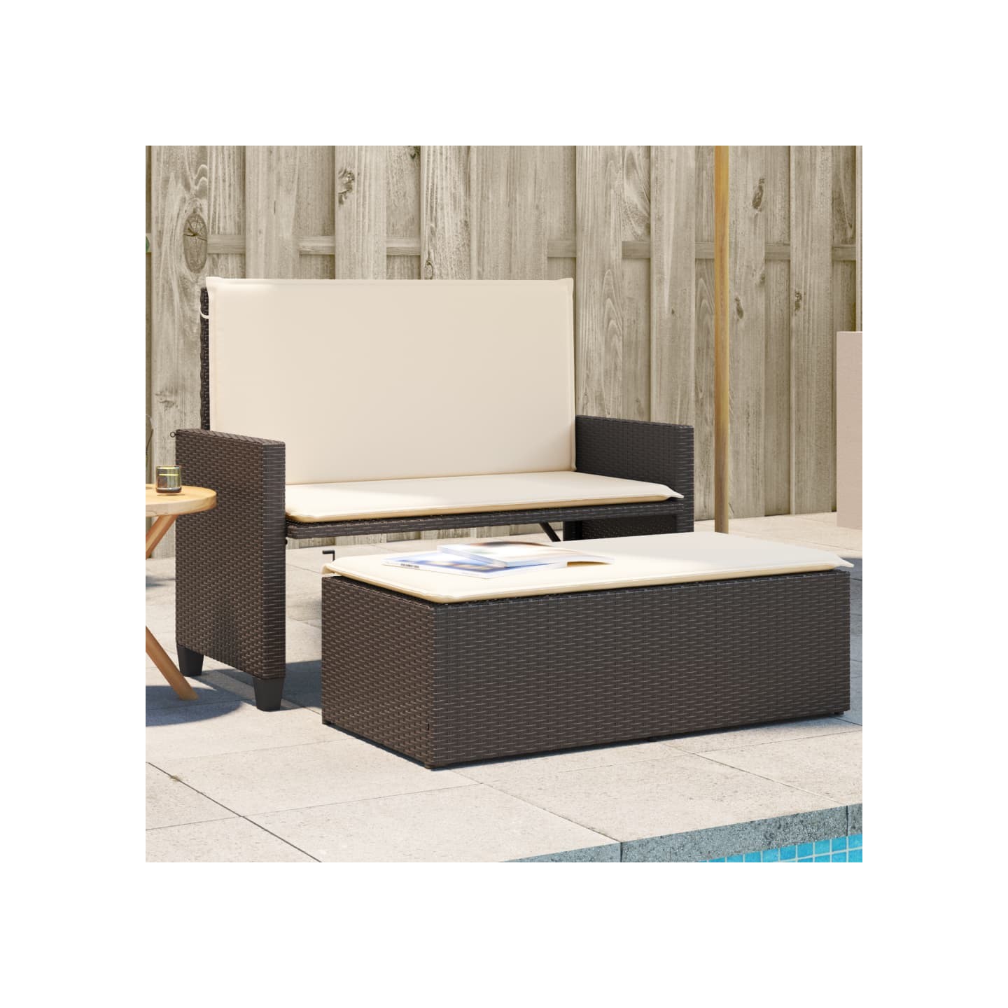 Banc de jardin et coussins et repose-pied marron résine tressée