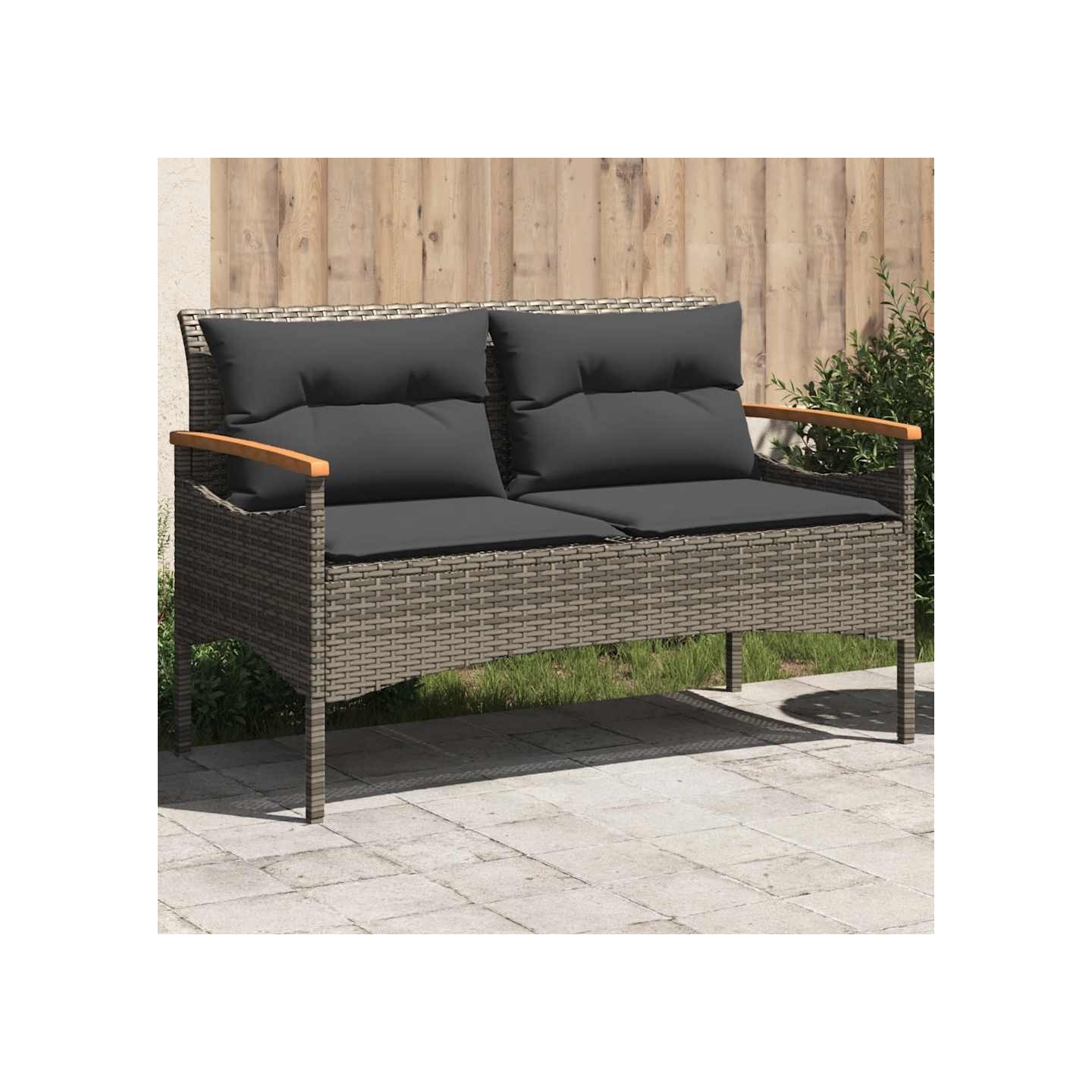 Banc de jardin avec coussins 116x62,5x74 cm gris résine tressée