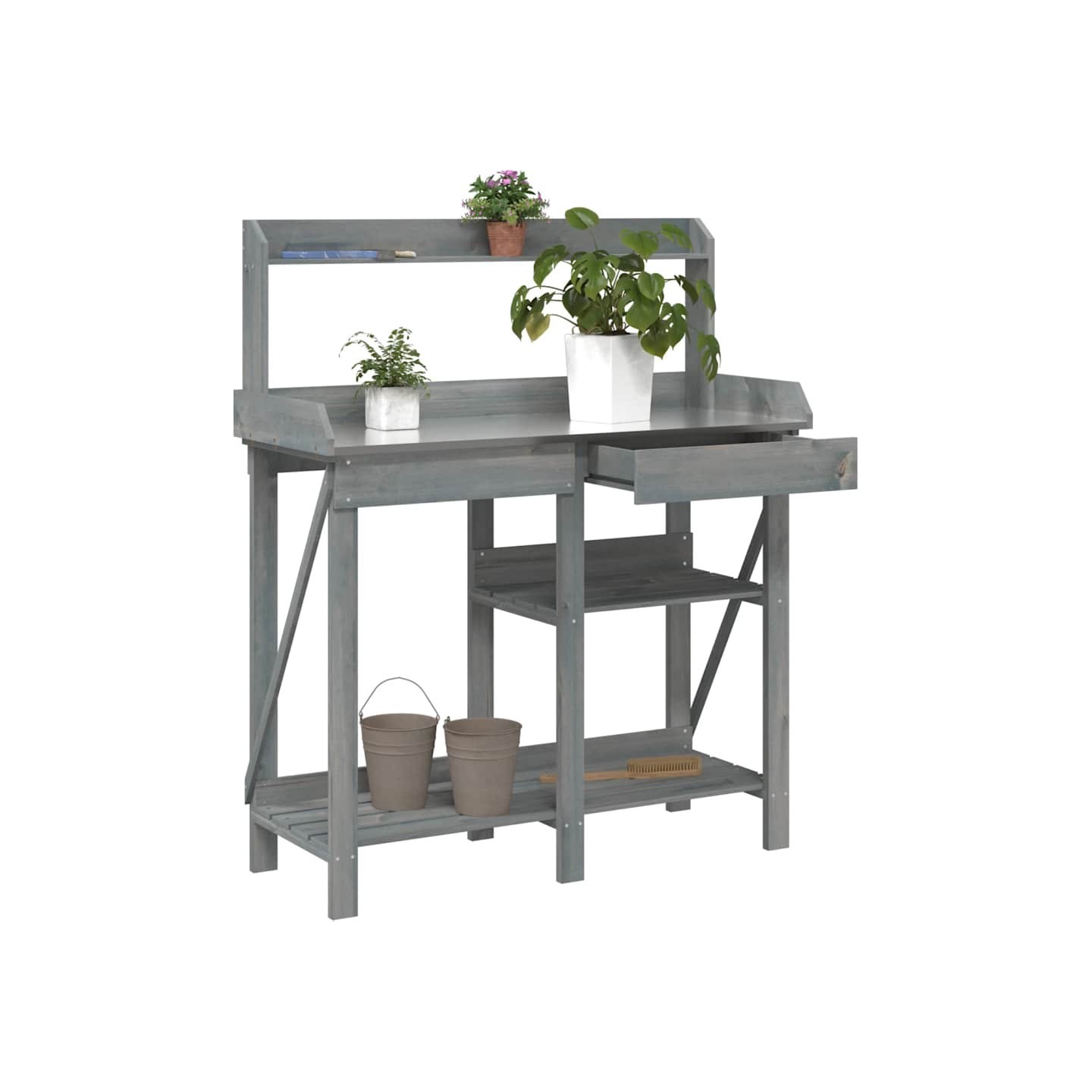 Banc de rempotage avec étagères gris bois massif de sapin