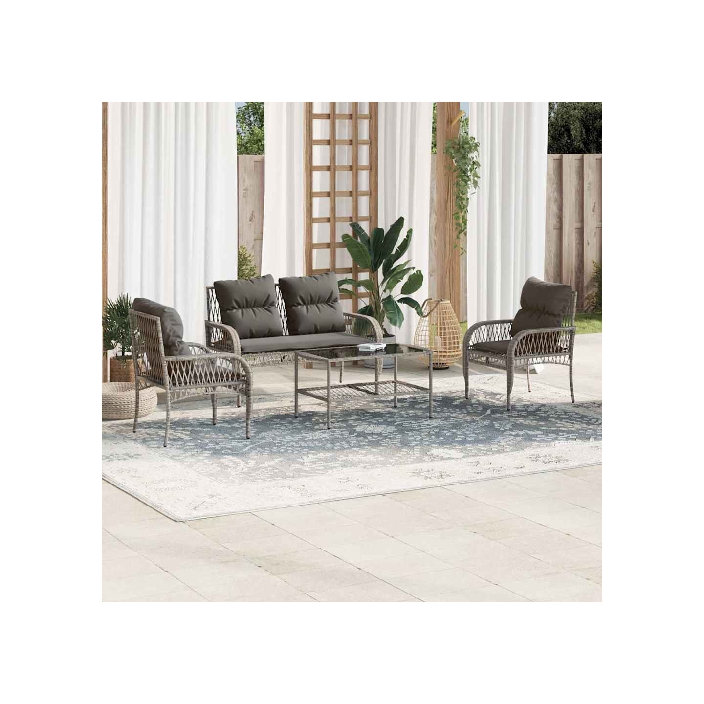 Salon de jardin 4 pcs avec coussins gris résine tressée