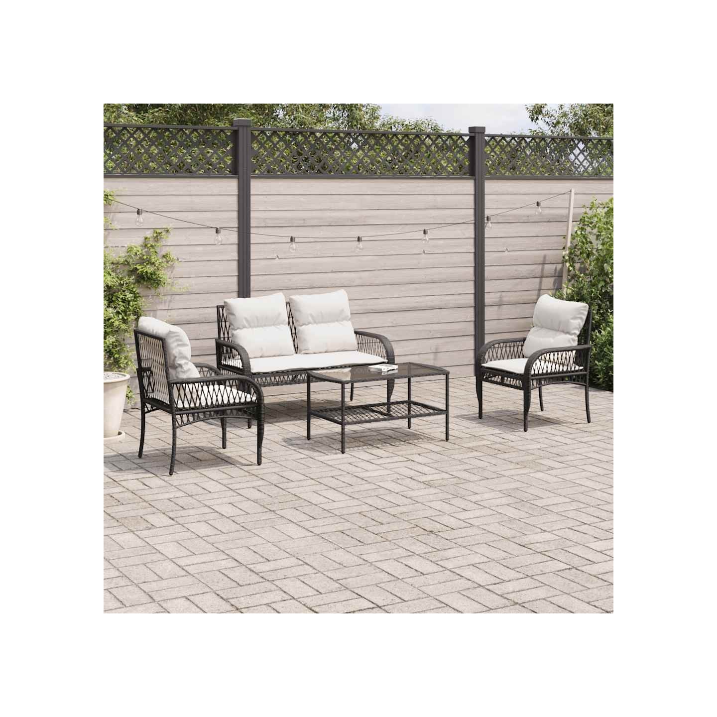 Salon de jardin 4 pcs avec coussins noir résine tressée