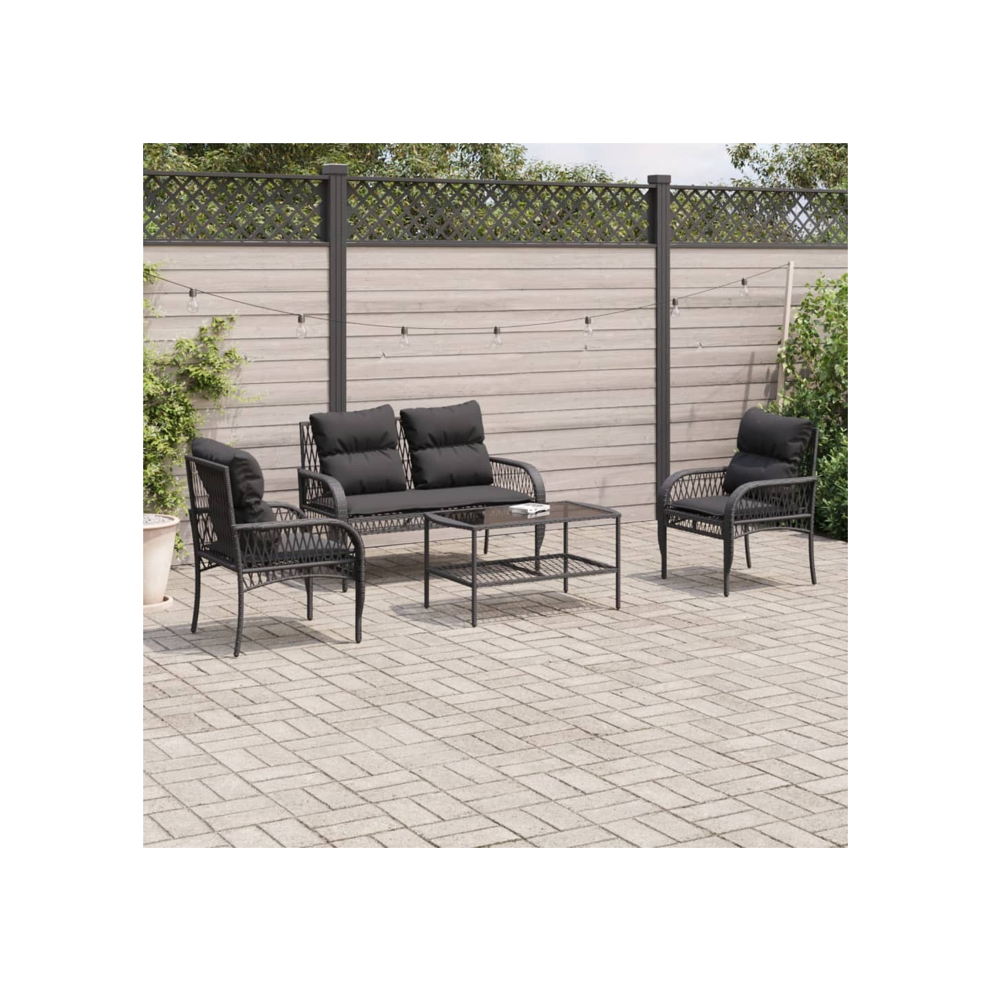 Salon de jardin 4 pcs avec coussins noir résine tressée