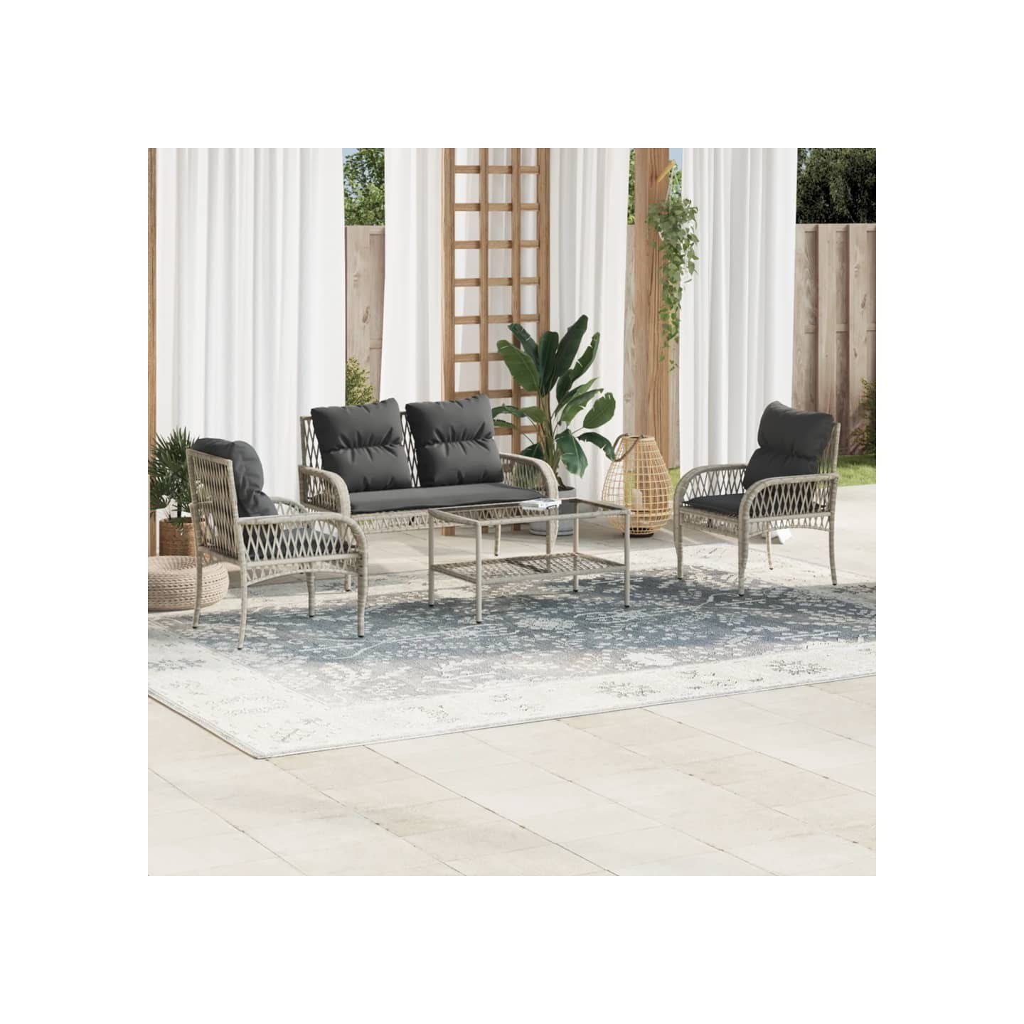 Salon de jardin 4 pcs avec coussins gris clair résine tressée