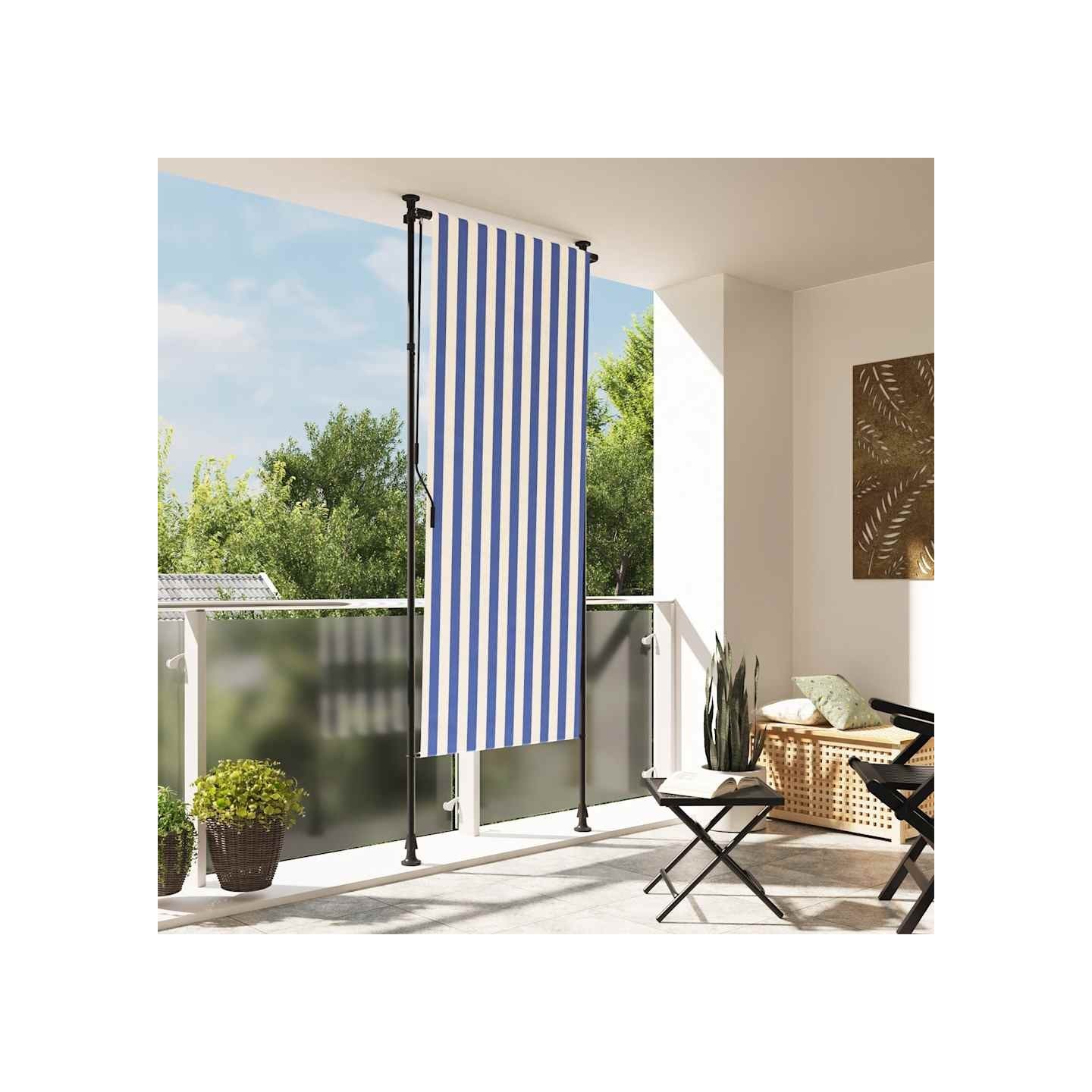 Store roulant d'extérieur bleu et blanc 120x270 cm tissu acier