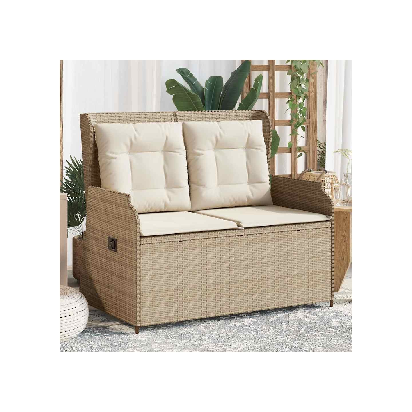 Banc inclinable de jardin avec coussins beige résine tressée