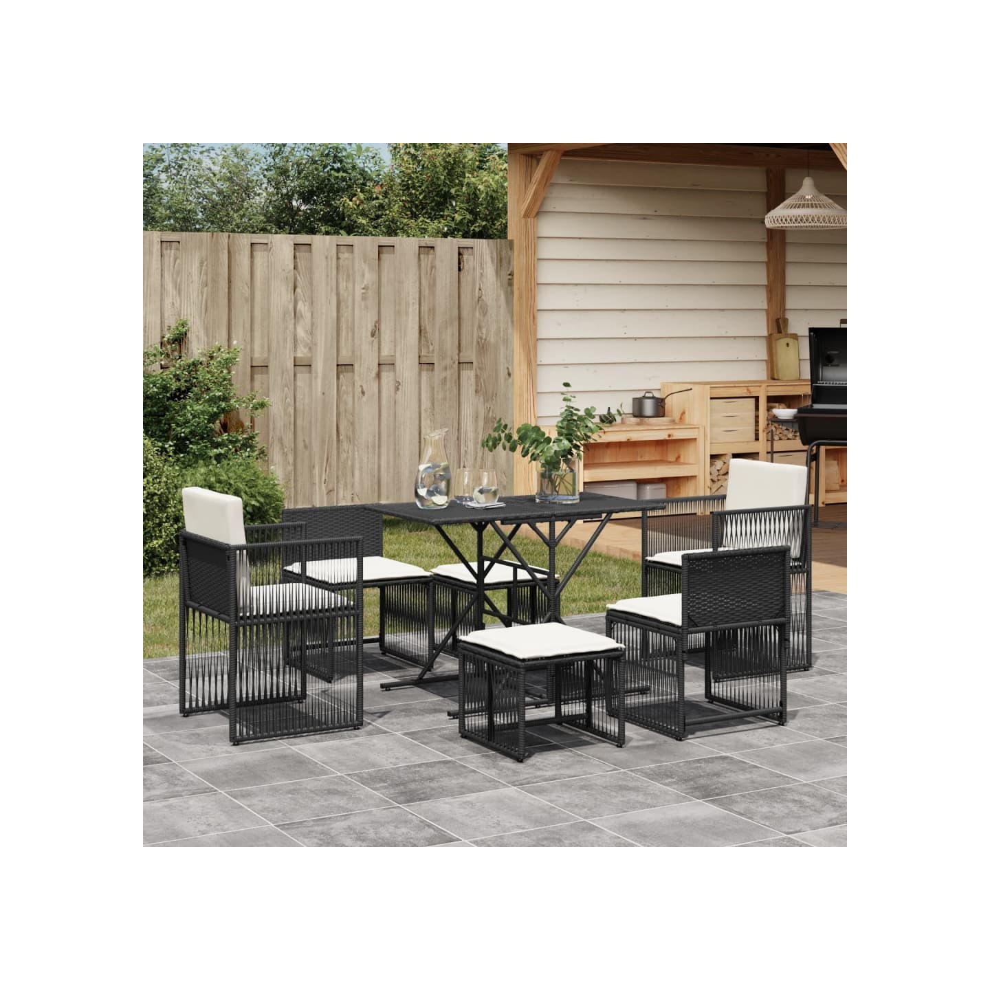 Ensemble à manger de jardin coussins 7 pcs noir résine tressée