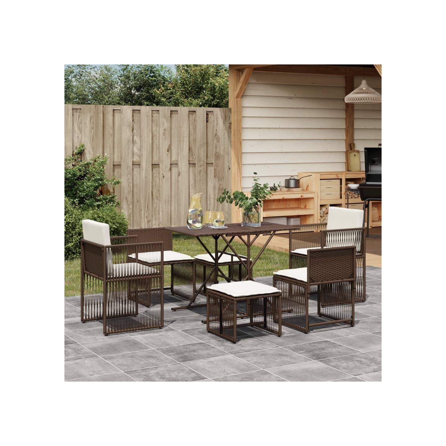 Ensemble à manger de jardin et coussins 7 pcs marron rotin