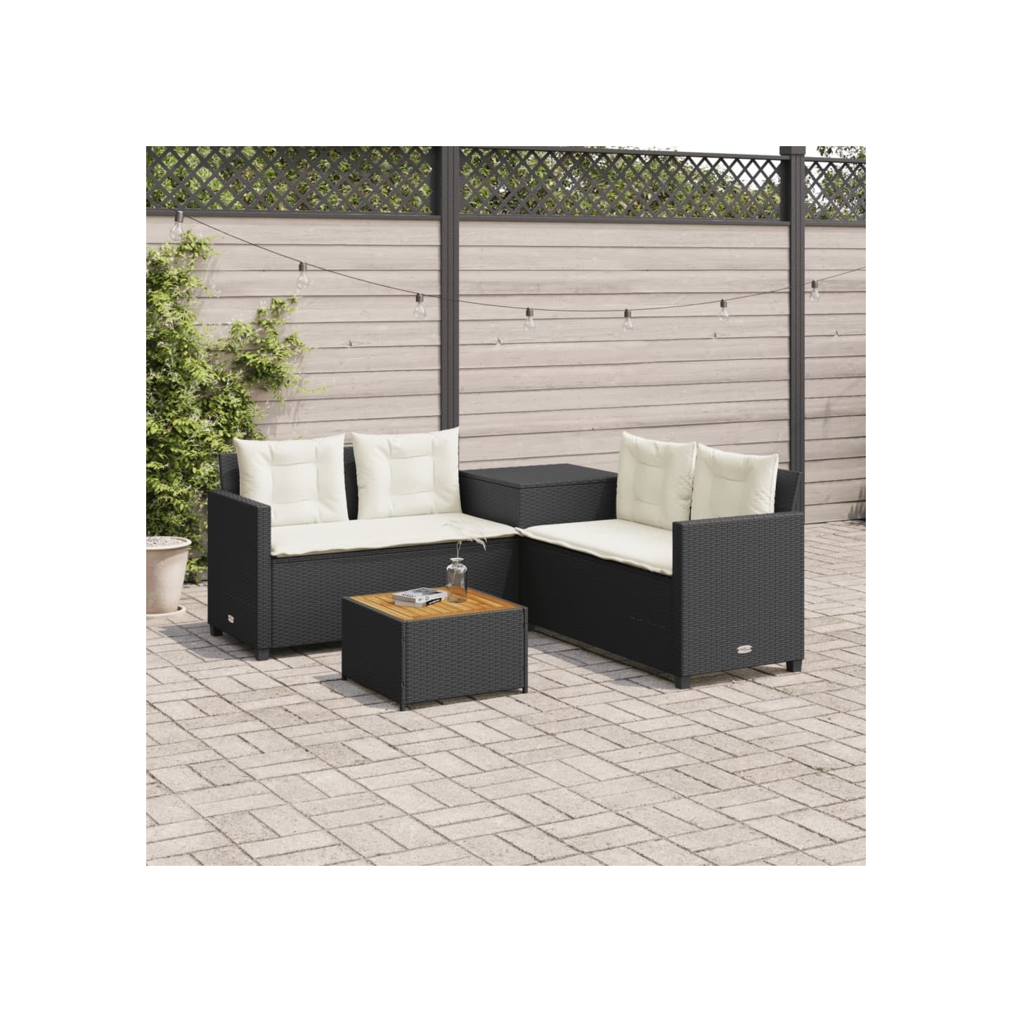 Canapé de jardin avec table et coussins en forme de L noir