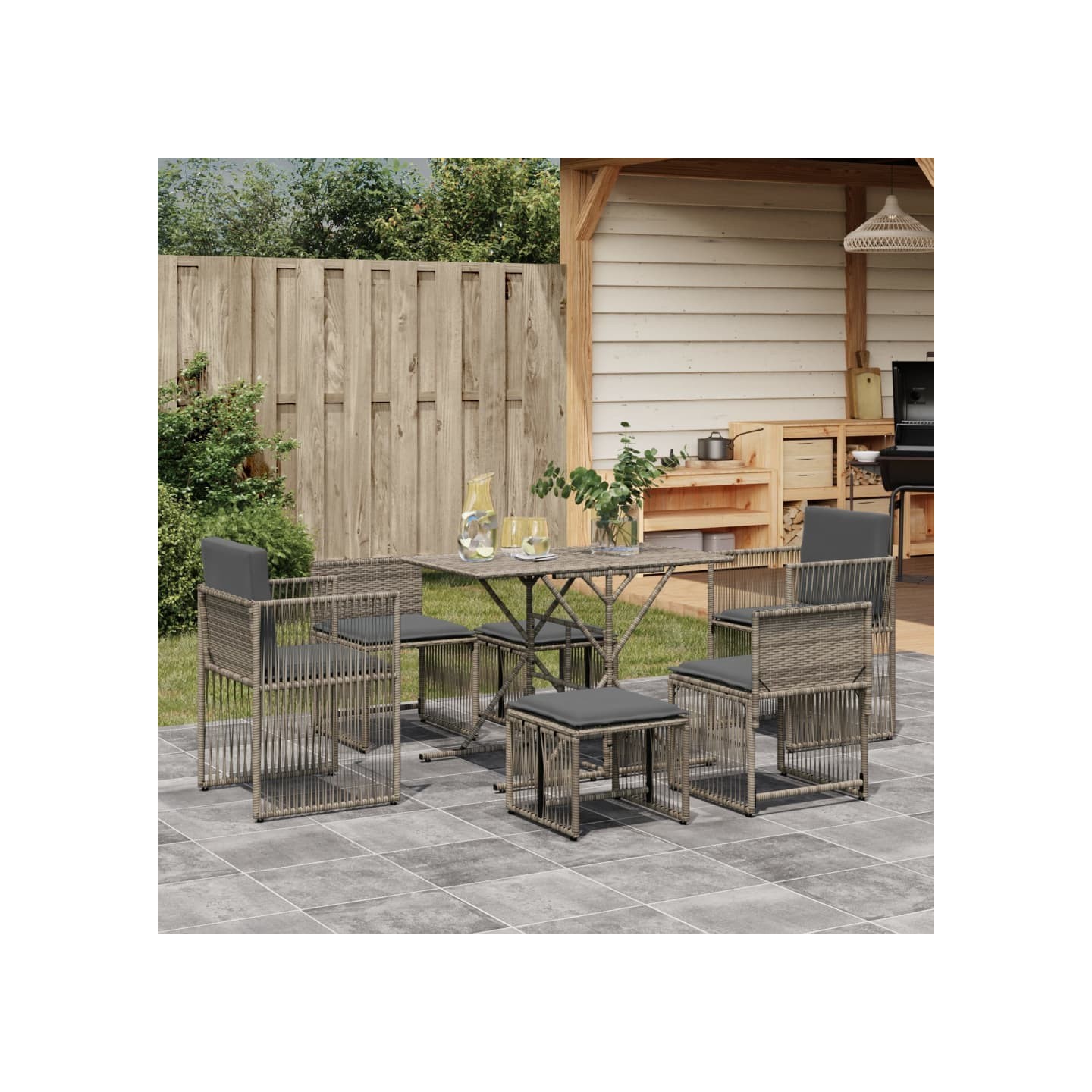 Ensemble à manger de jardin et coussins 7 pcs gris rotin