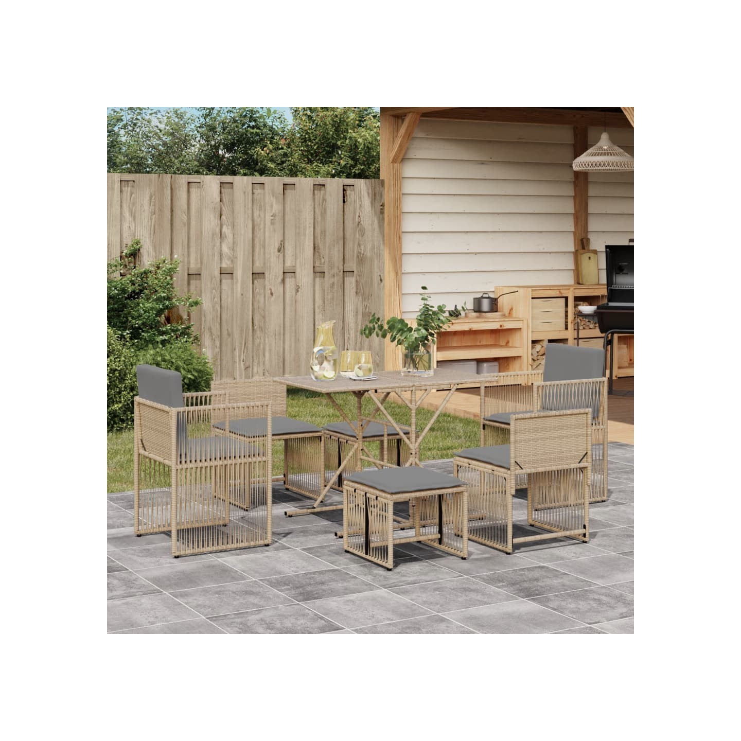Ensemble à manger de jardin et coussins 7 pcs beige poly rotin