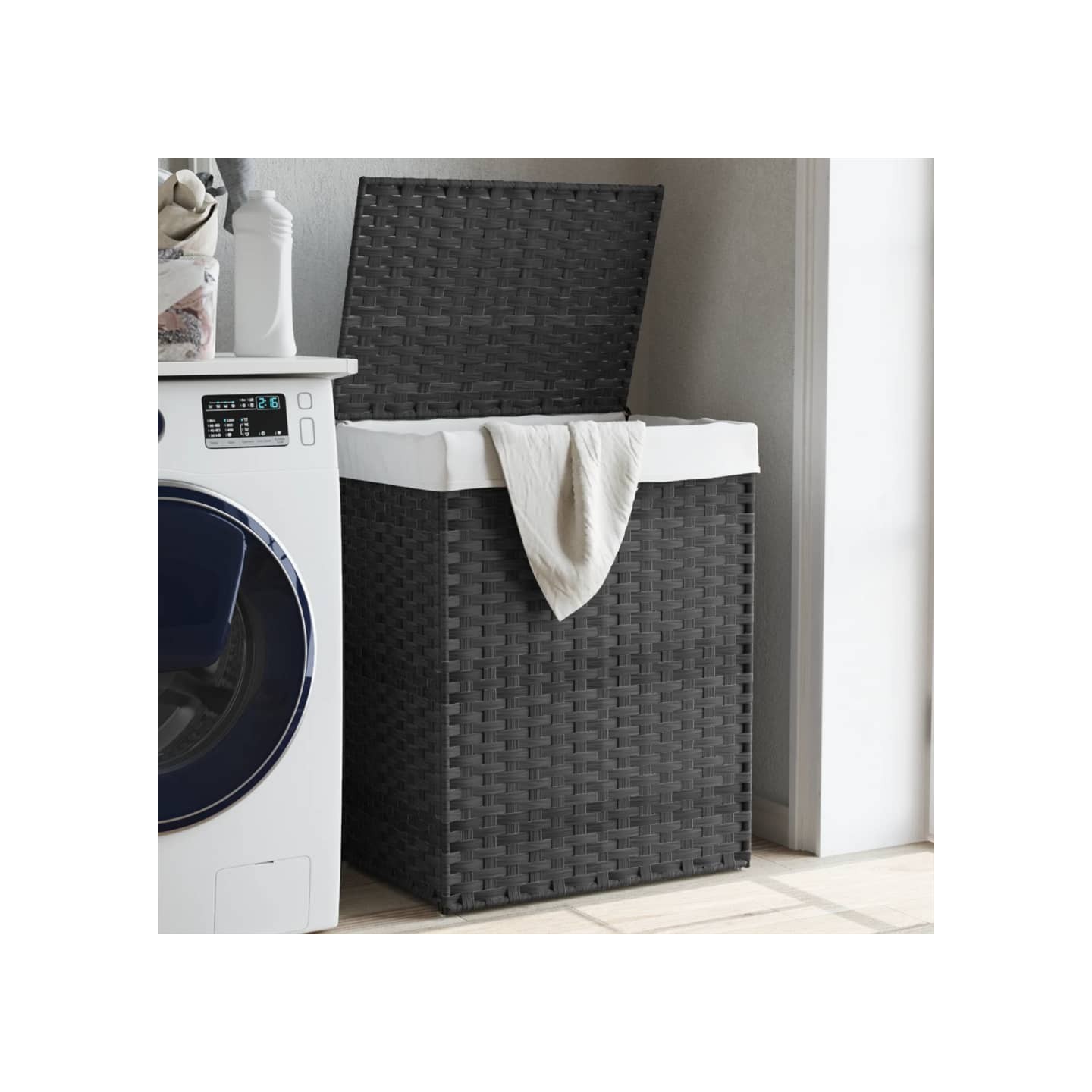 Panier à linge avec couvercle gris 46x33x60 cm résine tressée