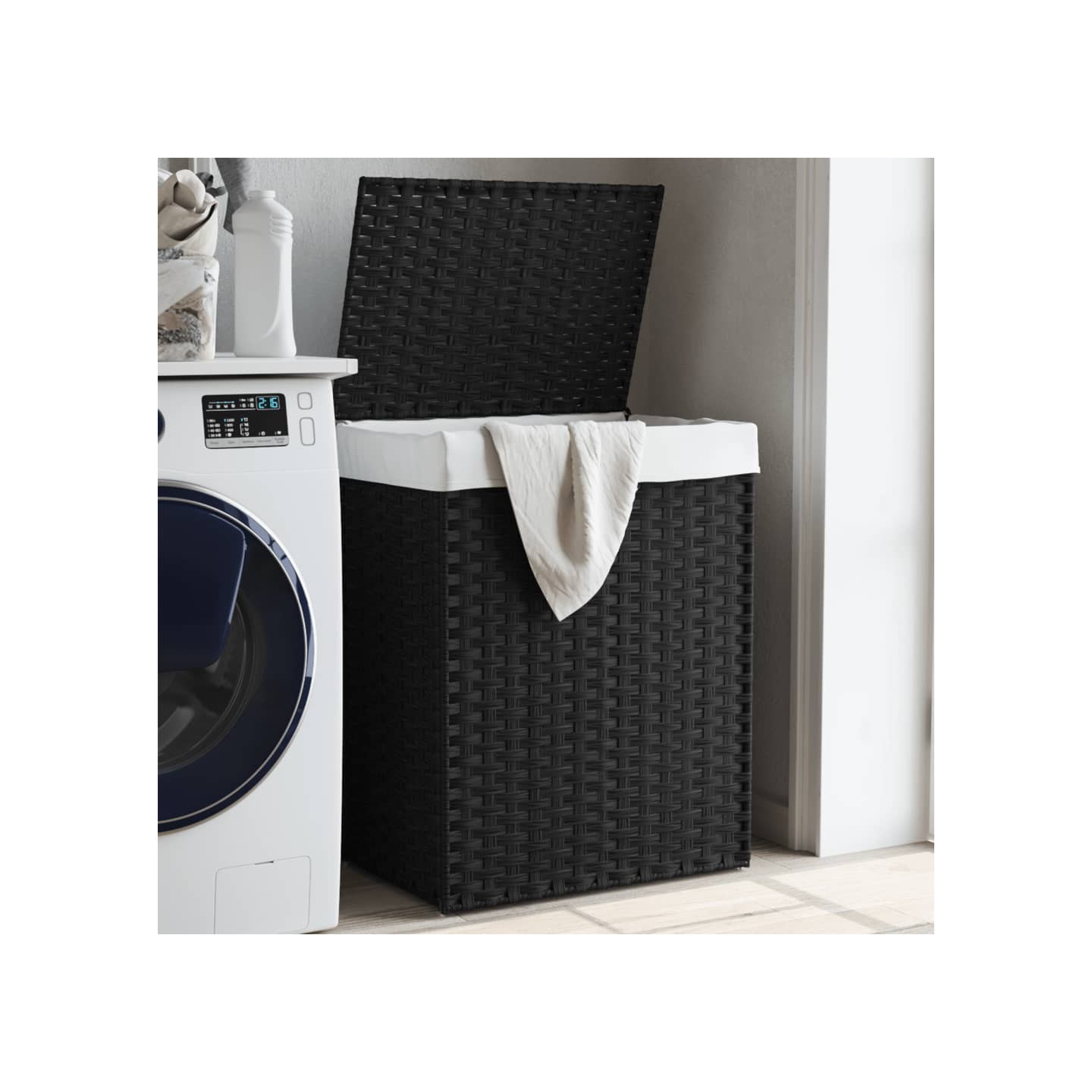 Panier à linge avec couvercle noir 46x33x60 cm résine tressée