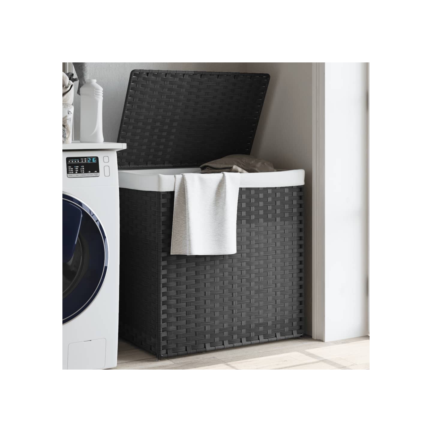 Panier à linge avec 2 sections gris 53x35x57 cm résine tressée