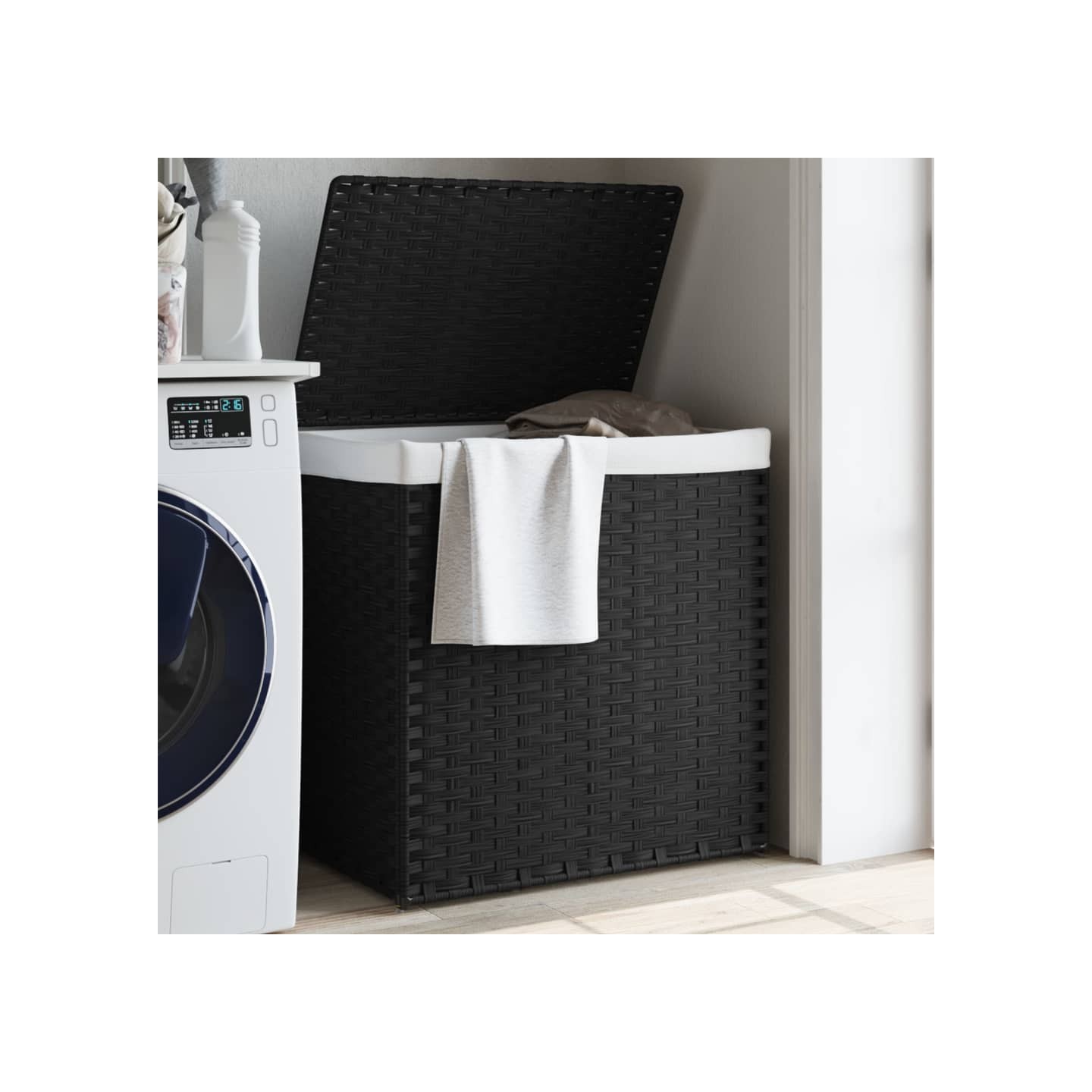 Panier à linge avec 2 sections noir 53x35x57 cm résine tressée