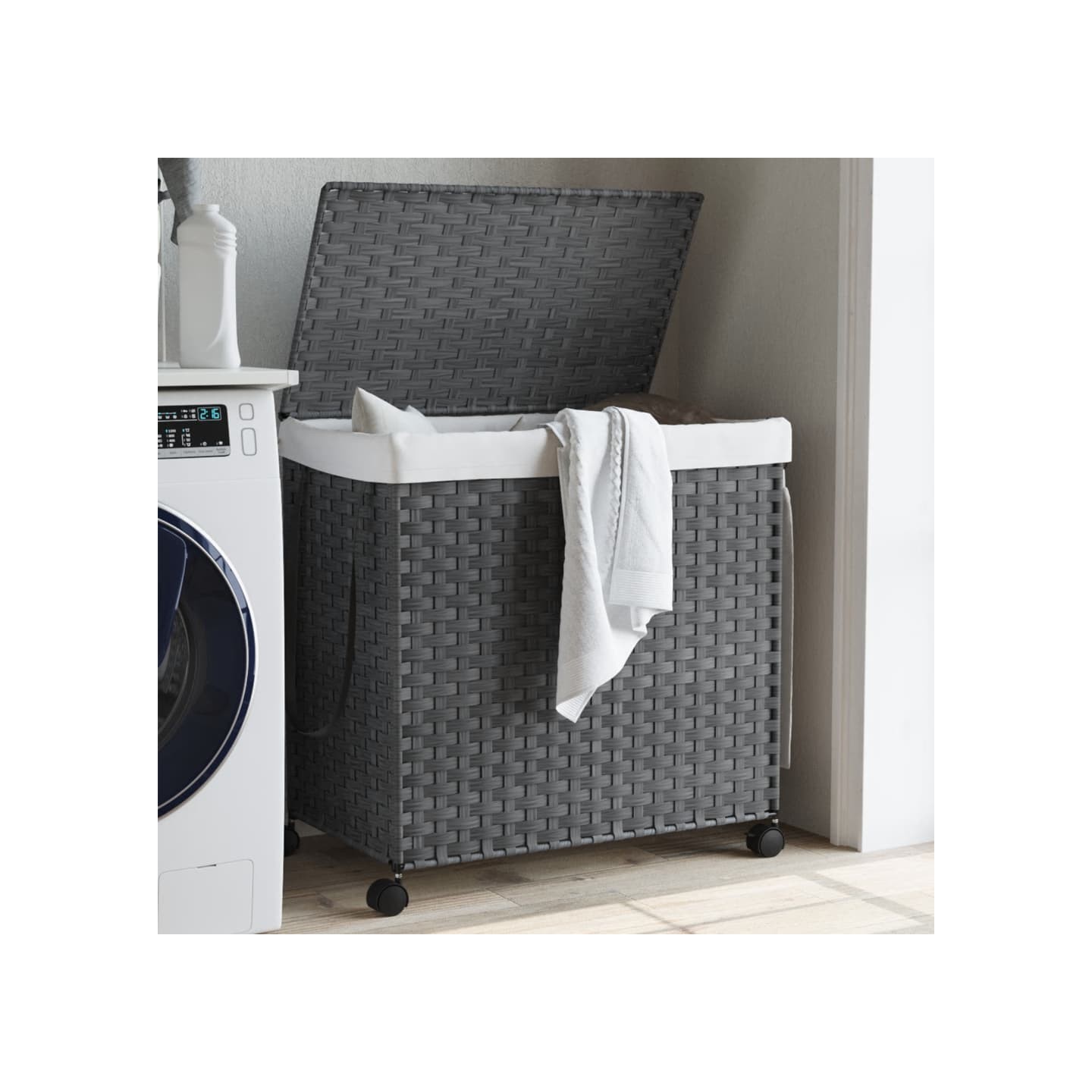 Panier à linge avec roulettes gris 60x35x60,5 cm résine tressée
