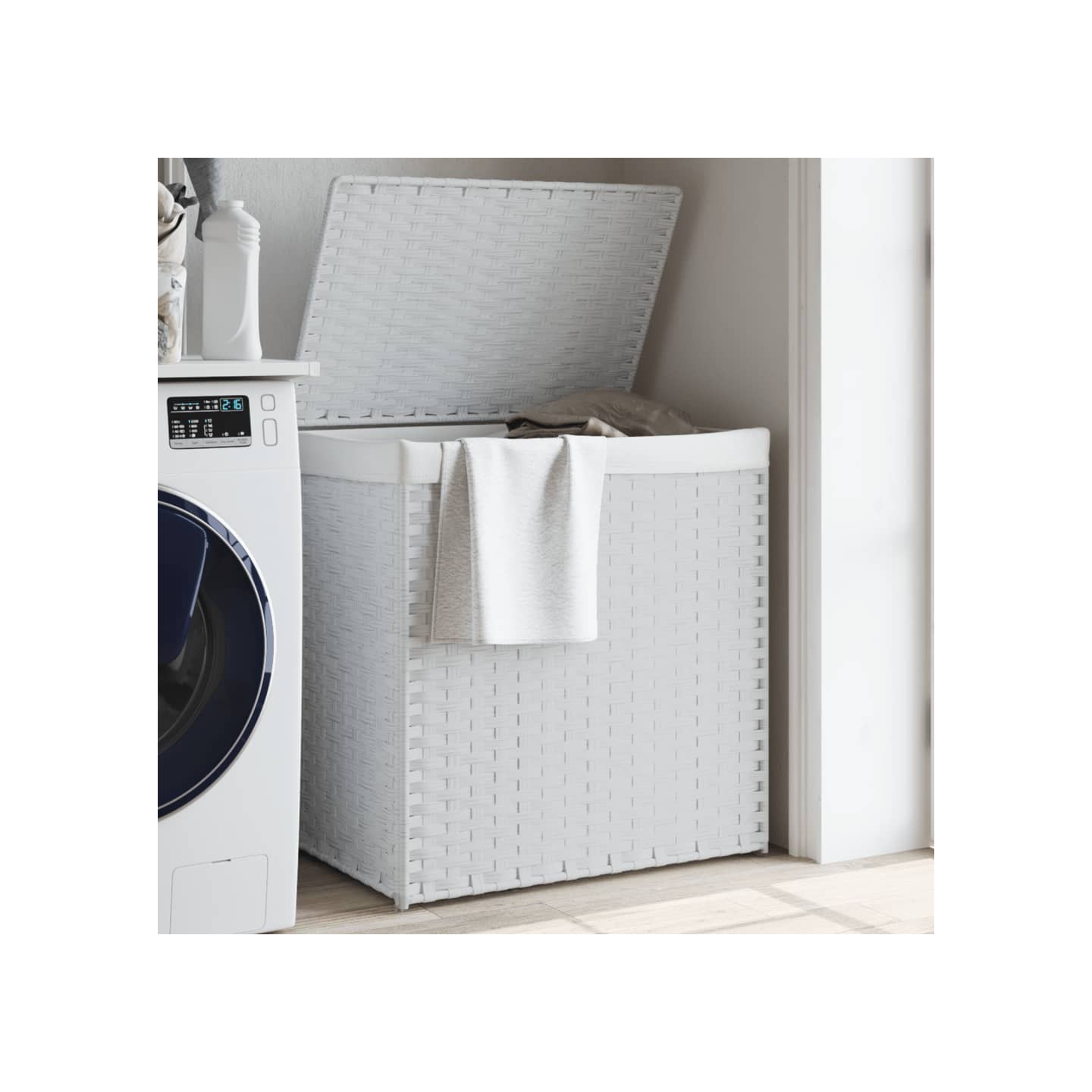 Panier à linge avec 2 sections blanc 53x35x57 cm résine tressée