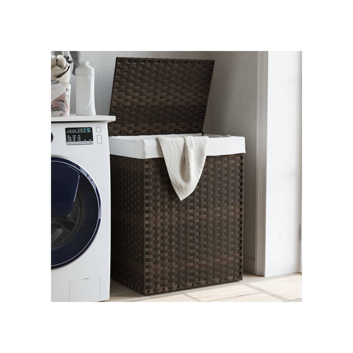 Panier à linge avec couvercle marron foncé résine tressée