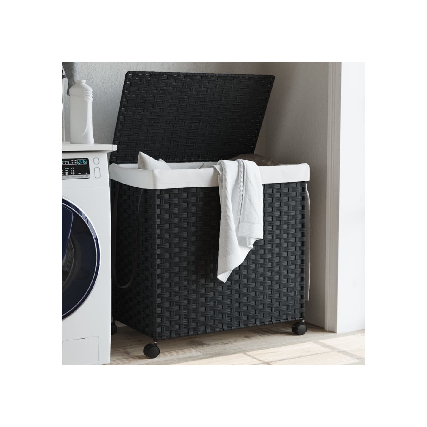 Panier à linge avec roulettes noir 60x35x60,5 cm résine tressée