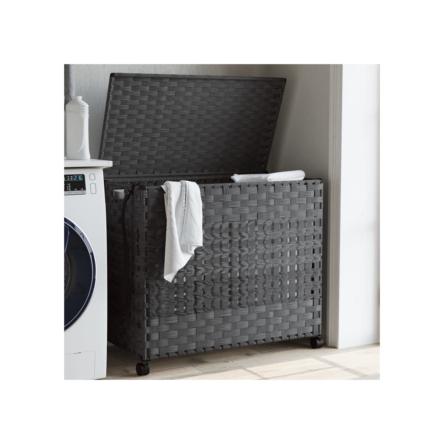 Panier à linge avec roulettes gris 66x35x60 cm résine tressée
