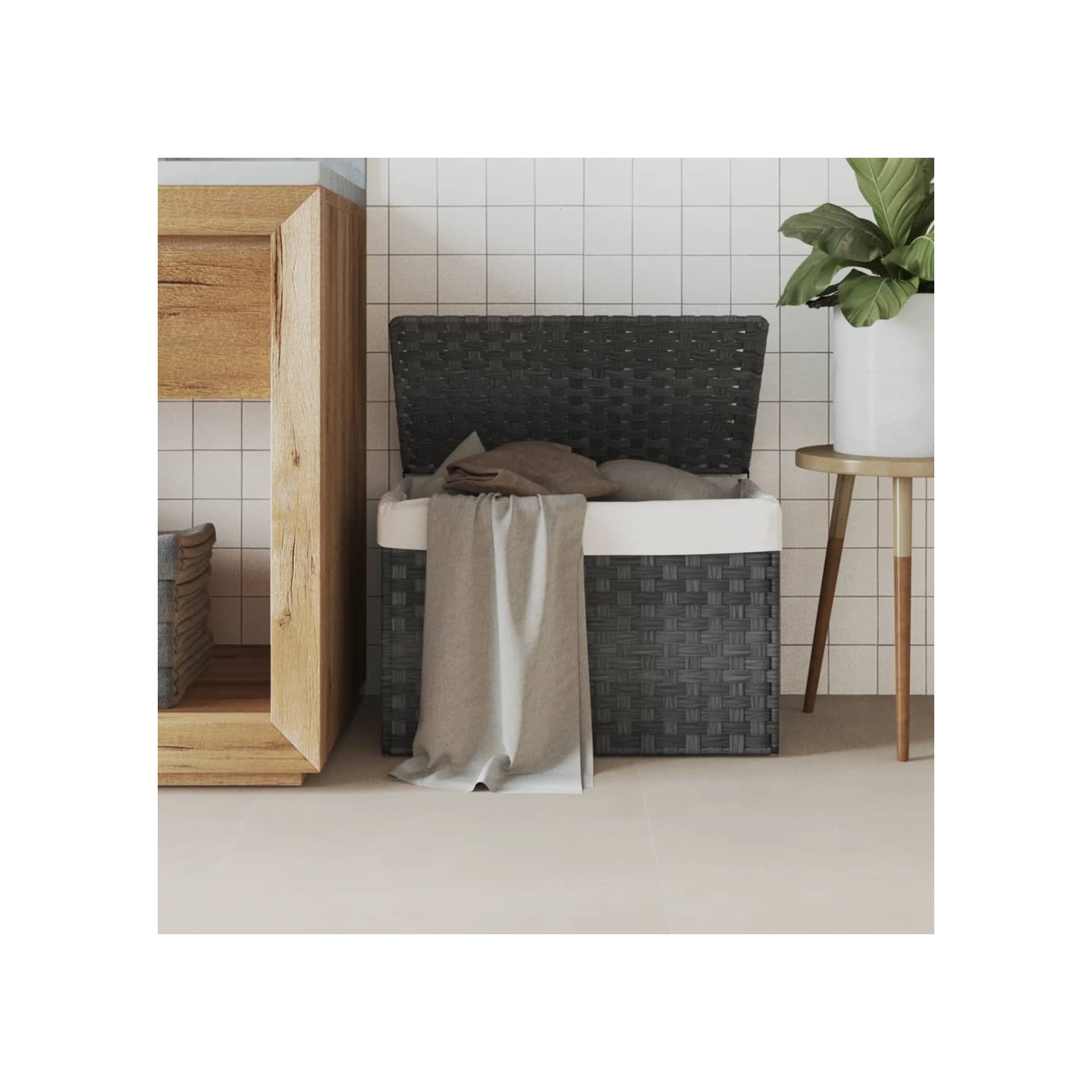 Panier à linge avec couvercle gris 55,5x35x34 cm résine tressée