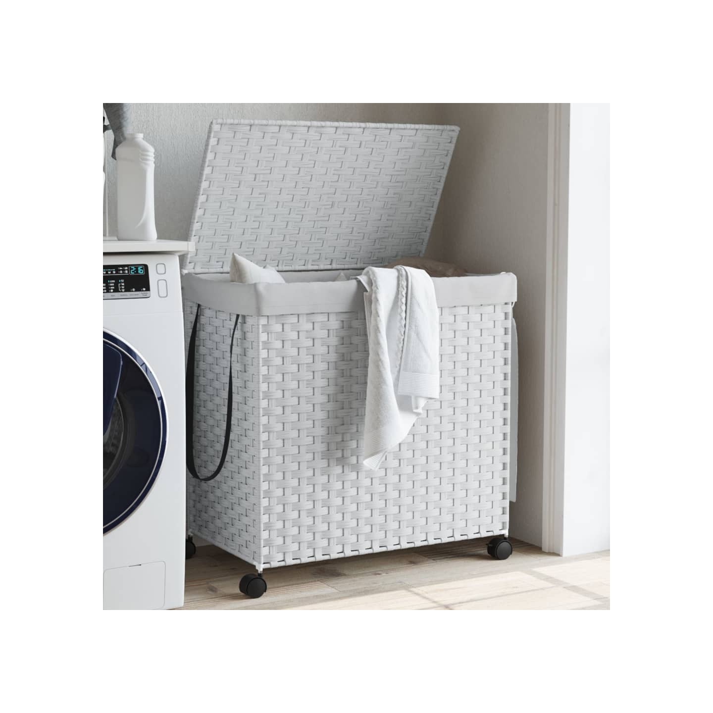 Panier à linge avec roulettes blanc 60x35x60,5cm résine tressée