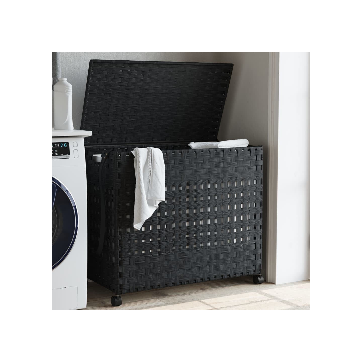 Panier à linge avec roulettes noir 66x35x60 cm résine tressée