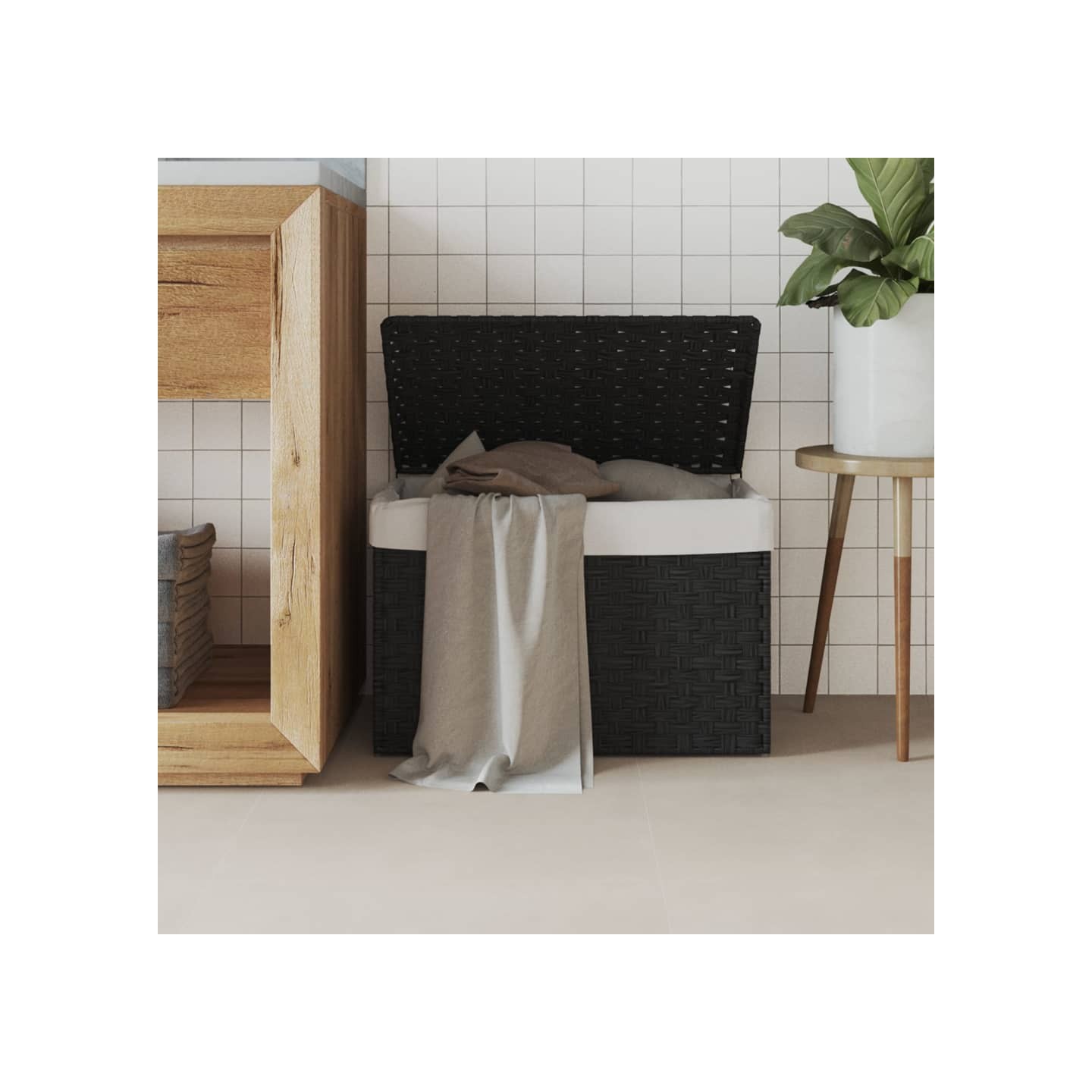 Panier à linge avec couvercle noir 55,5x35x34 cm résine tressée