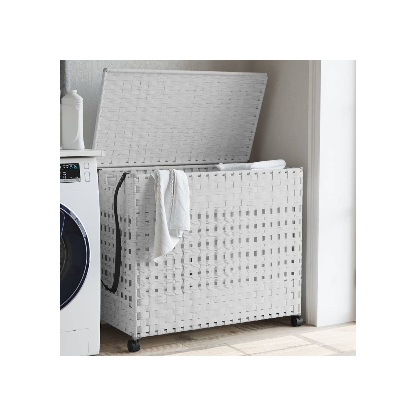 Panier à linge avec roulettes blanc 66x35x60 cm résine tressée