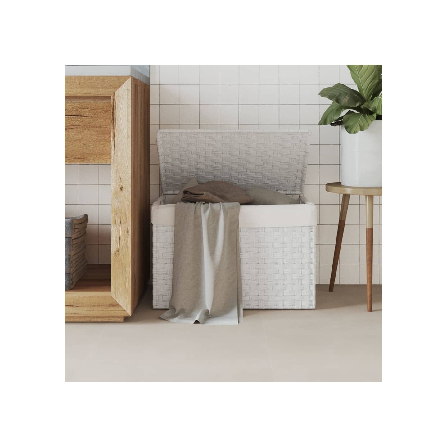 Panier à linge avec couvercle blanc 55,5x35x34cm résine tressée