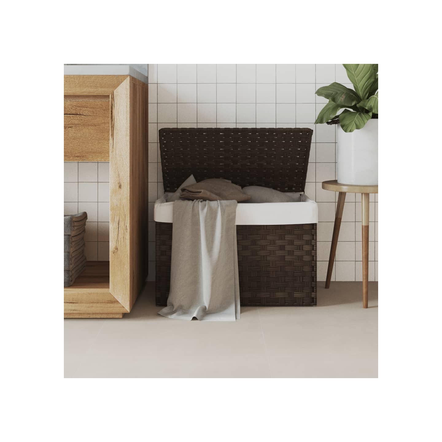 Panier à linge avec couvercle marron foncé résine tressée