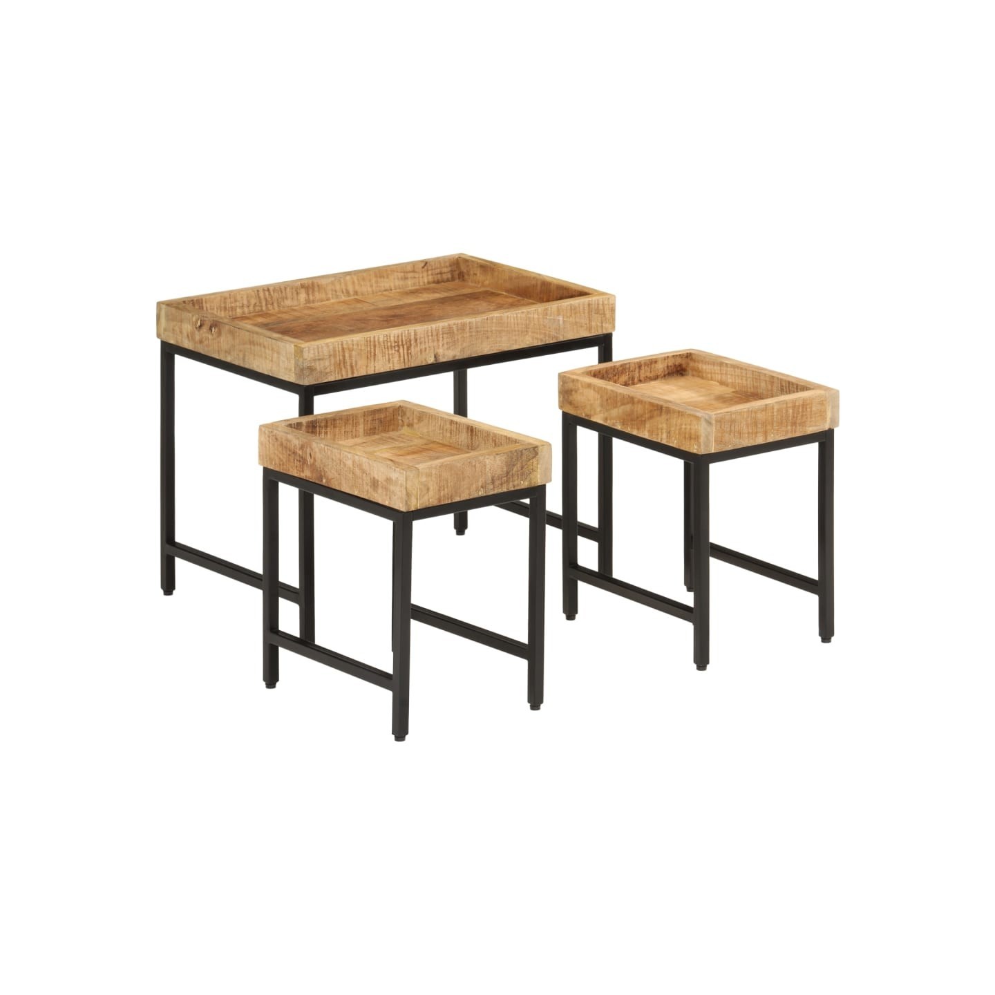 Tables basses gigognes 3pcs bois de manguier massif brut et fer