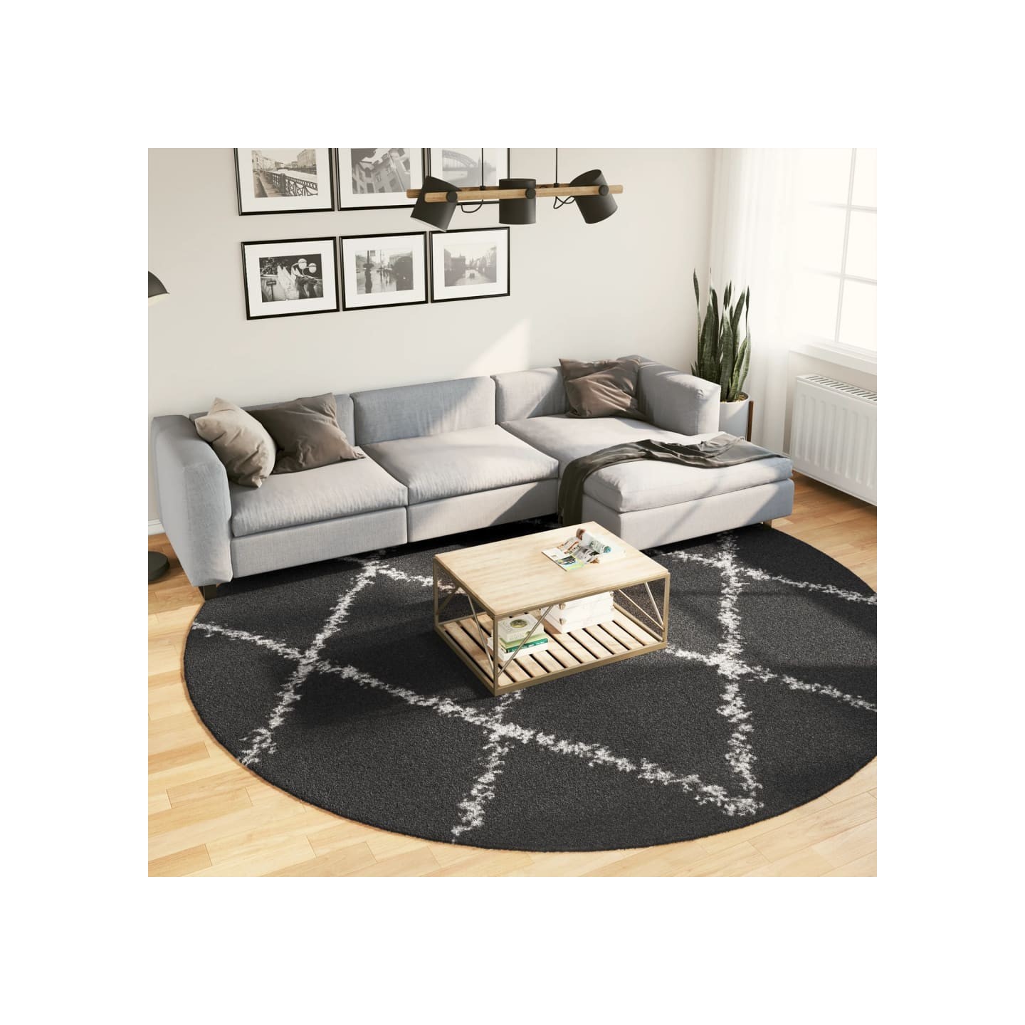 Tapis shaggy PAMPLONA poils longs moderne noir crème Ø 280 cm